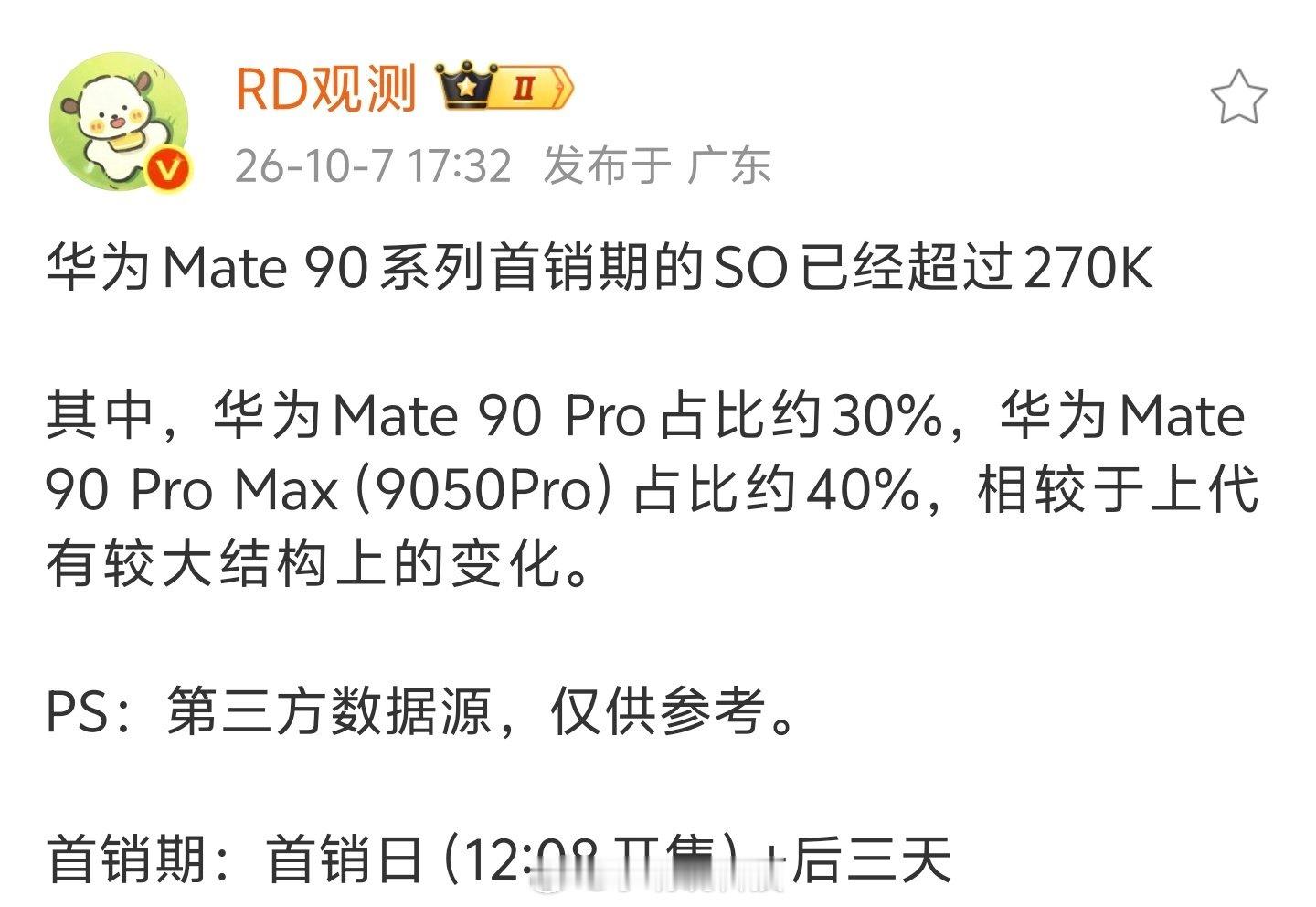 华为Mate90系列首销数据出来了，销量超27万台，这个成绩确实有点猛了[捂嘴哭]现在旗舰手机价格越来越贵，Mate 90系列还能有这个首销量，华为高端手机的用户基本盘是真的稳。现在部分版本也是缺货的状态，要是后面产能能跟上，这一代估计又得杀疯了[捂嘴哭] ​