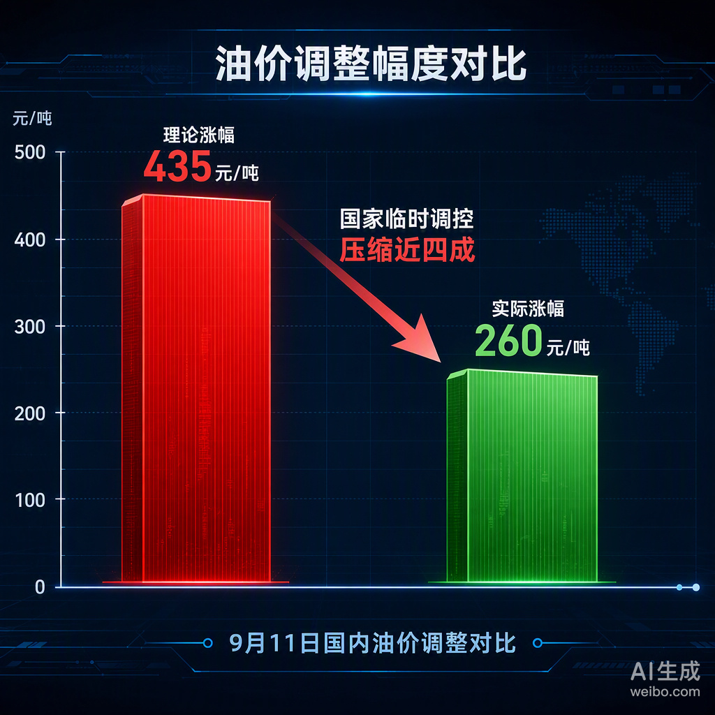 9月11日国内油价迎来年内第12次上调，但这波涨幅被国家按下了“暂停键”。

按现行机制测算，国际油价飙升本应让国内汽柴油每吨涨超400元，但临时调控出手后，实际涨幅被压缩了近四成。92号汽油每升只涨了约0.21元，加满一箱50升的油多花10块出头，而不是原本该掏的17块。这已经是今年第三次在国家层面 ​