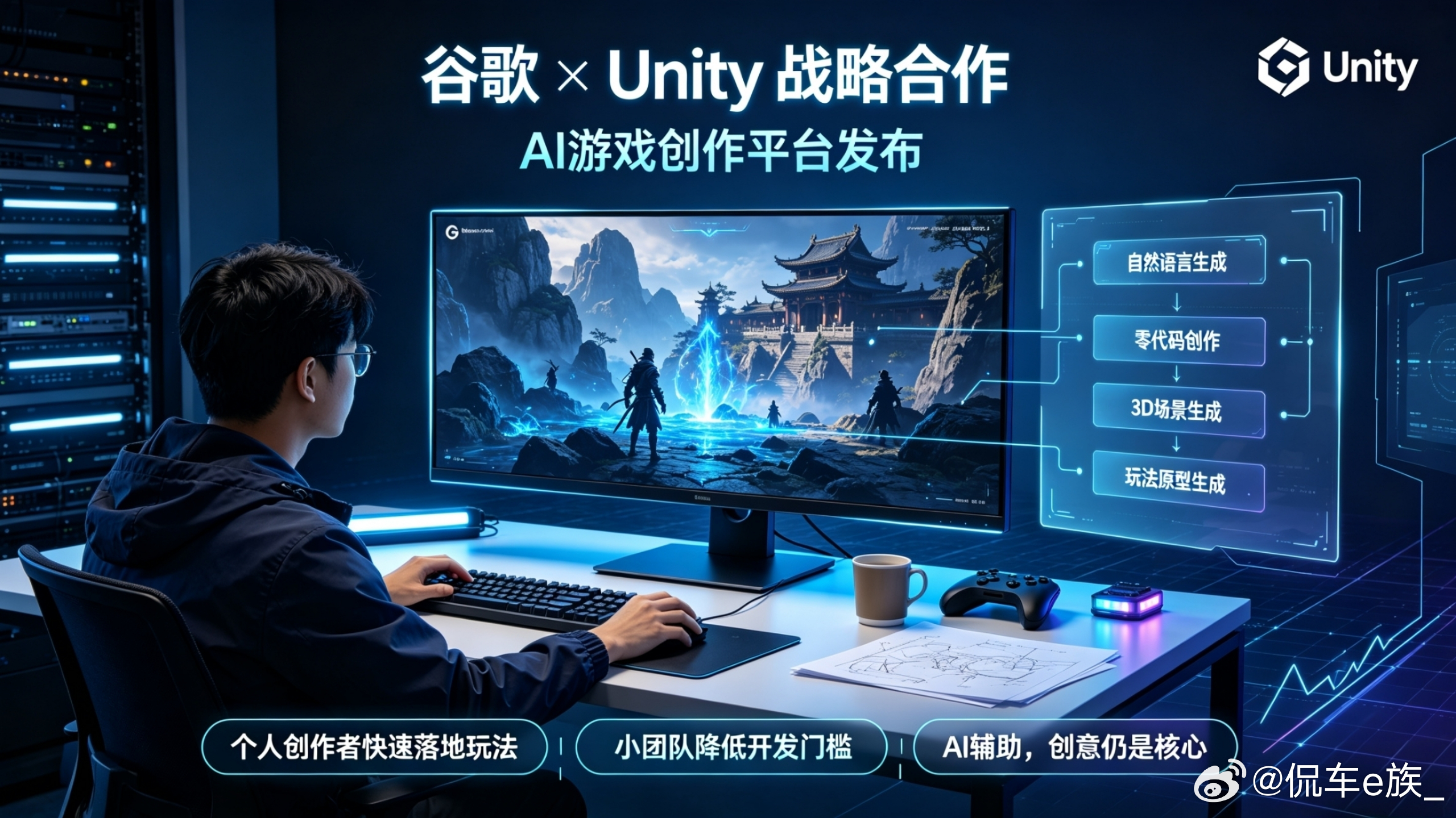 游戏行业迎来底层变革！谷歌和Unity官宣战略合作，推出AI游戏创作平台Playground，后续还会集成Unity Spark。
不用写代码，只用自然语言描述想法，浏览器内就能直接生成可玩3D游戏，大幅压低游戏创作门槛。
过去做一款游戏，需要庞大团队耗时数月；未来个人创作者、小团队，也能快速落地游戏原型。
当 ​