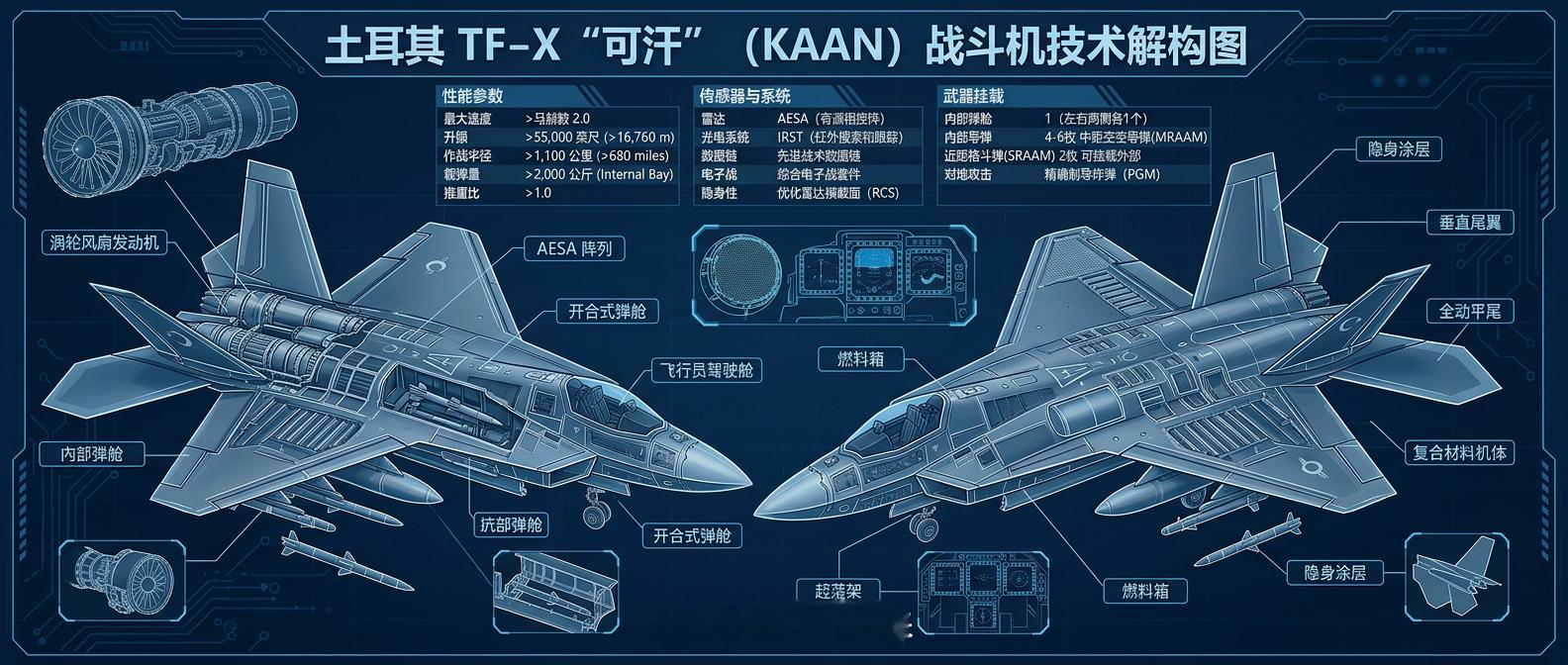 被踢出F-35项目后，土耳其自己造了一架隐身战机：TF-X“可汗”
2019年，土耳其因为采购俄制S-400防空系统被美国踢出F-35项目。原本要买的100架F-35，没了。

土耳其人的回应是：自己造。

先看硬参数：机长21米，翼展14米，机高6米。最大起飞重量27吨以上。最大飞行速度1.8马赫，具备超音速巡航能力。 ​