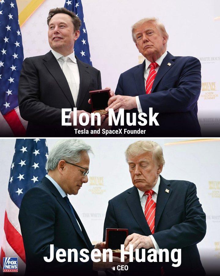 特朗普总统向美国六位最杰出的科技领袖颁发国家两项最高科学技术与创新奖项。

埃隆·马斯克、谷歌联合创始人谢尔盖·布林、英伟达首席执行官黄仁勋、AMD首席执行官苏姿丰、戴尔科技首席执行官迈克尔·戴尔，以及微软首席执行官萨蒂亚·纳德拉因其对科学发现和技术进步的贡献而获此殊荣。

这些荣誉在“美 ​