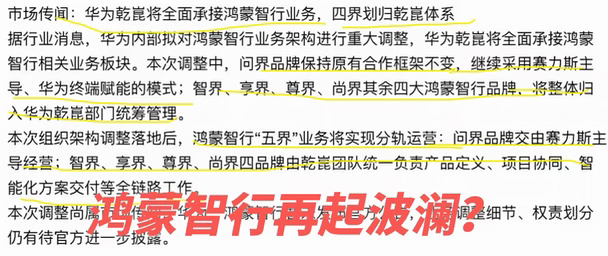 市场传出鸿蒙智行业务架构调整传闻：华为乾崑拟承接鸿蒙智行板块，实现五界分轨运营，问界维持赛力斯主导的原有合作不变，智界、享界、尊界、尚界四品牌划入乾崑统筹管理；该消息尚未得到官方证实。