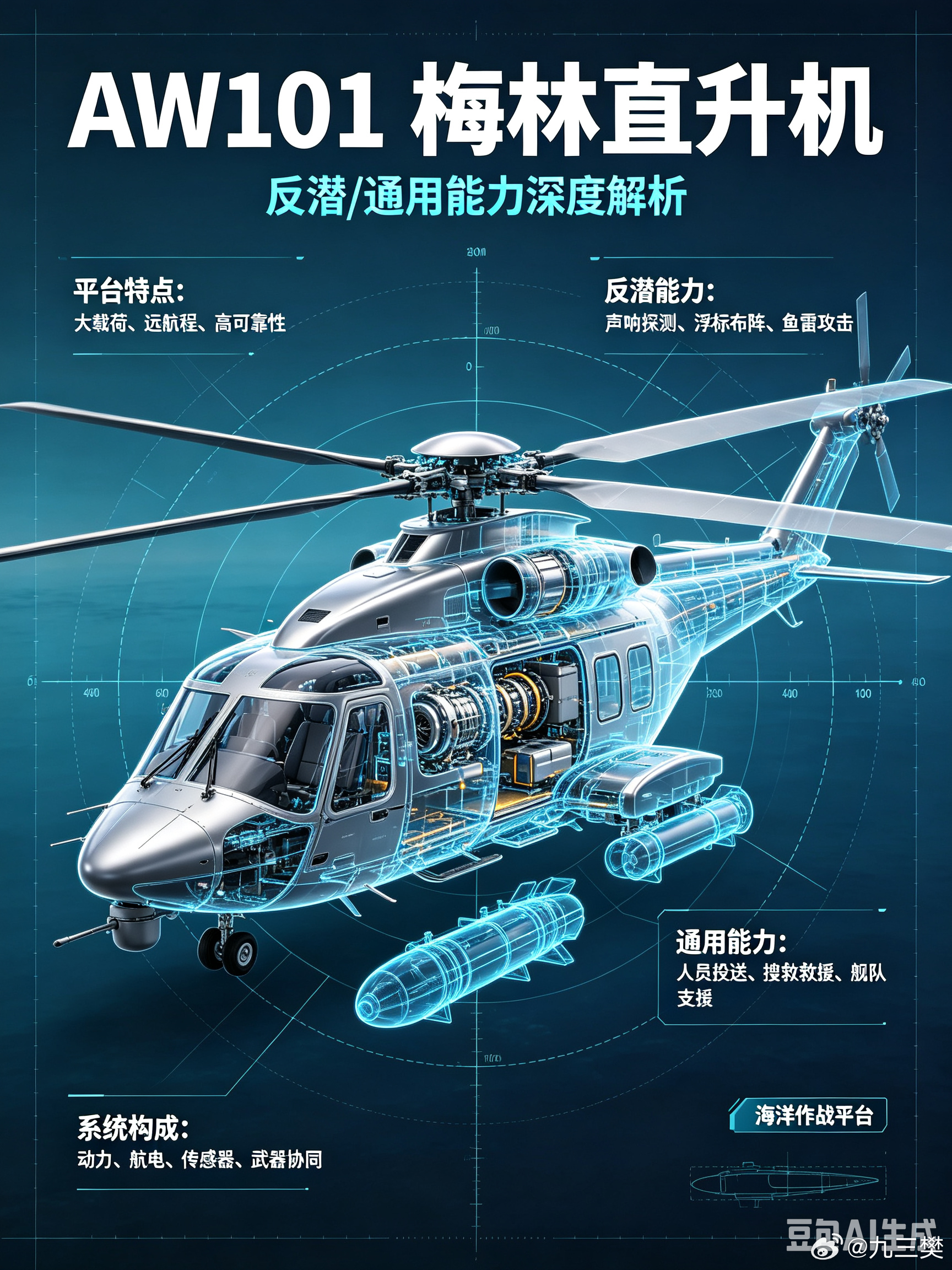 #军事ai新视野# 英国AW101“梅林（Merlin）”反潜/通用直升机 #ai热力追踪# 
 
AW101（原名 EH101）是英国韦斯特兰 + 意大利阿古斯塔联合研发的三发中型多用途舰载直升机，现归属莱昂纳多直升机公司；英军海军命名 Merlin 梅林，国内常译作灰背隼。核心定位：舰载远程反潜、反水面、搜救、兵力投送、空 ​