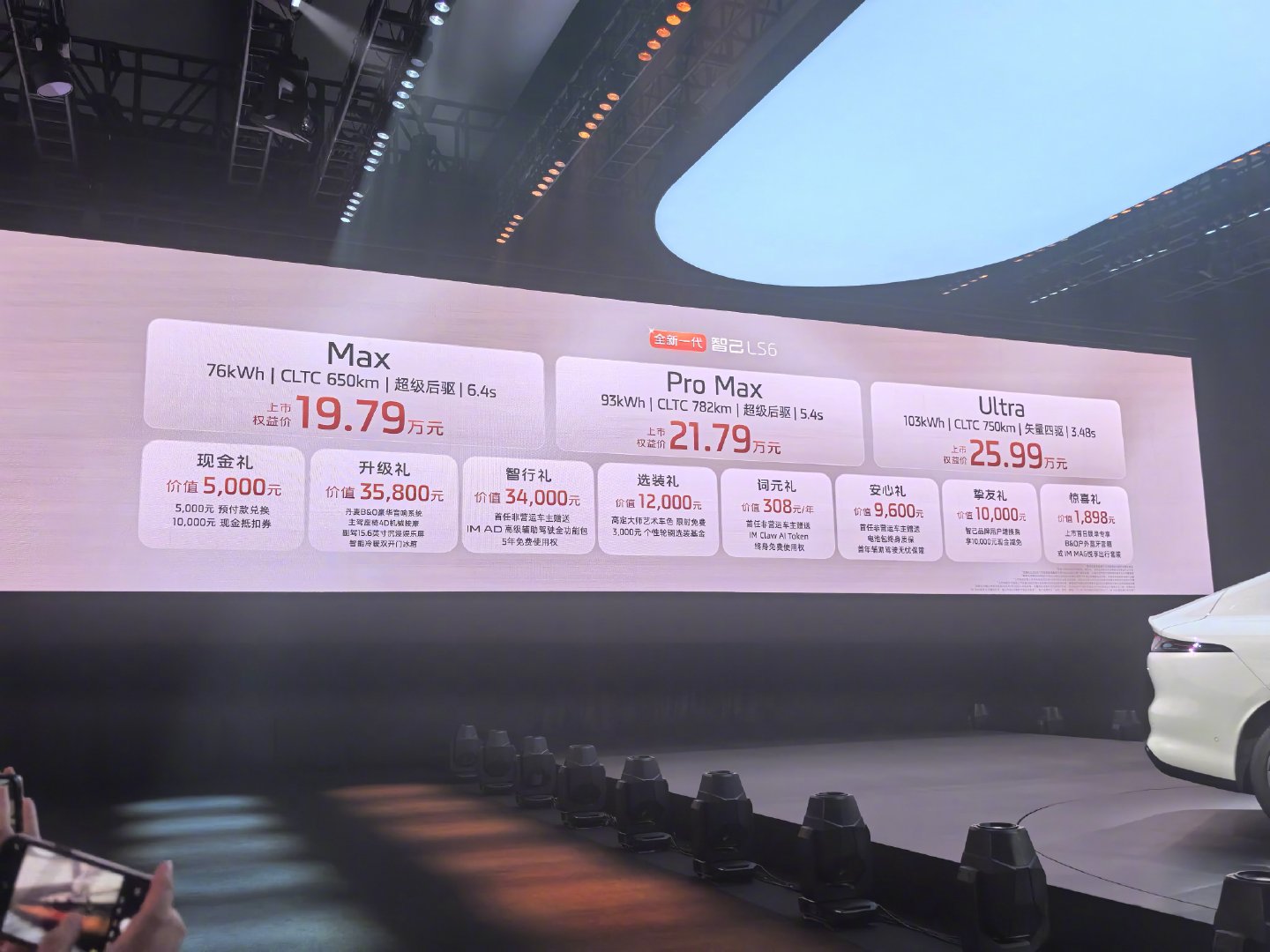 全新一代智己LS6上市，权益价19.79万起。

全系标配后轮转向、线控转向、800V平台，还有主驾4D机械按摩、B&O音响、11L冰箱。

底盘、三电、配置给得都挺猛，这价格不贵。 ​
