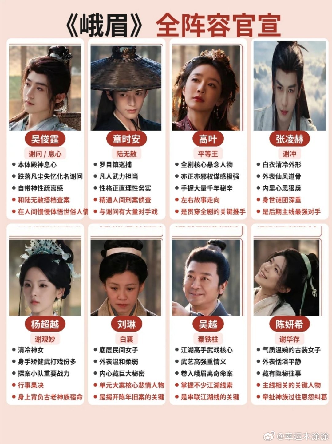 #峨眉#单看阵容，刘琳、李健、吴樾、谭凯、高叶、高露这些名字摆出来，质感就稳了一截。峨眉武术、禅茶等巴蜀非遗元素融进悬疑探案，更是值得期待！ ​