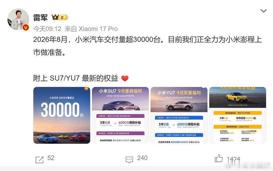 #雷军回应小米汽车8月交付量#又交出了一份阶段性成绩单。

从最初大家讨论“跨界造车靠谱吗”，到现在越来越多车辆上路，小米汽车正在用交付数量证明自己的节奏。

当然，汽车是一场长期赛，后面的产品、服务和用户口碑才是关键。

期待小米澎程系列上市后的表现。 ​
