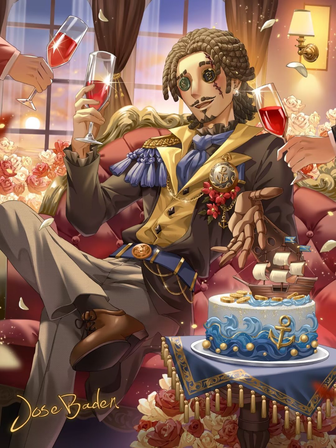 外服贺图 - 角色日

9月24日是大副 何塞·巴登的生日！⚓️

比美酒更加醇厚、代代相传的，
是巴登家族的荣耀。
乘风破浪，跨越海平线，
这份荣耀的故事，
也将继续传承下去。

#第五人格##第五人格大副##第五人格[超话]# ​
