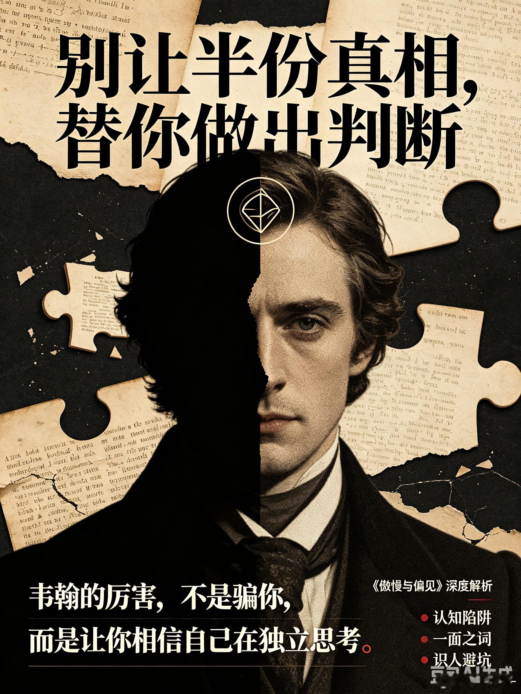 《傲慢与偏见》里的韦翰：最厉害的欺骗，是只给你半张真相
 
最高明的欺骗，从来不是满口弥天大谎，而是只交付一半真相，剩下的部分，让你靠自己的想象完成欺骗自己。
 
韦翰最可怕的地方，从来不是满口谎言欺骗你。而是让你产生错觉：全世界都在隐瞒，唯有他，愿意对你吐露真话。
 
他主动向你袒露所 ​