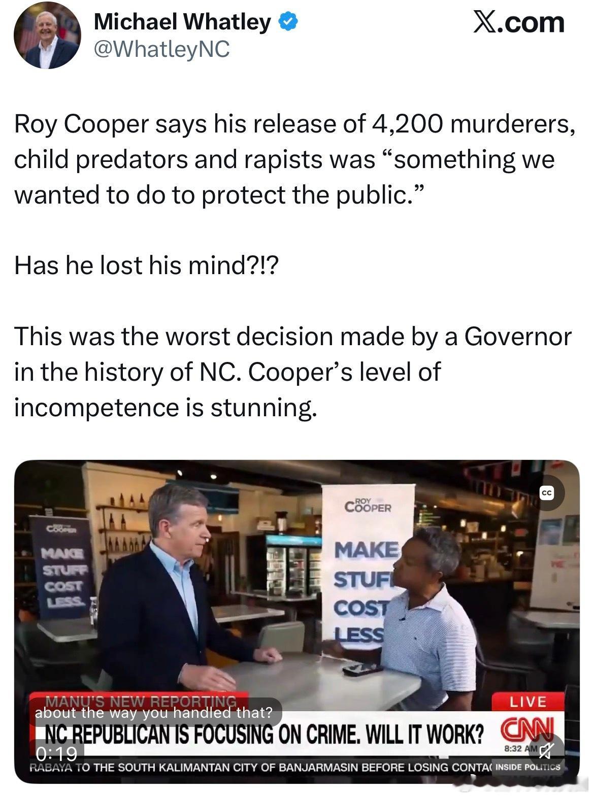 北卡前民主党州长Roy Cooper说，他释放了4200名包括谋杀强奸等重罪犯。以高尚道德自居，保护犯罪分子，忽略受害者利益，这样的社会真的是美好进步的吗？是真正维护公众吗？ ​​​