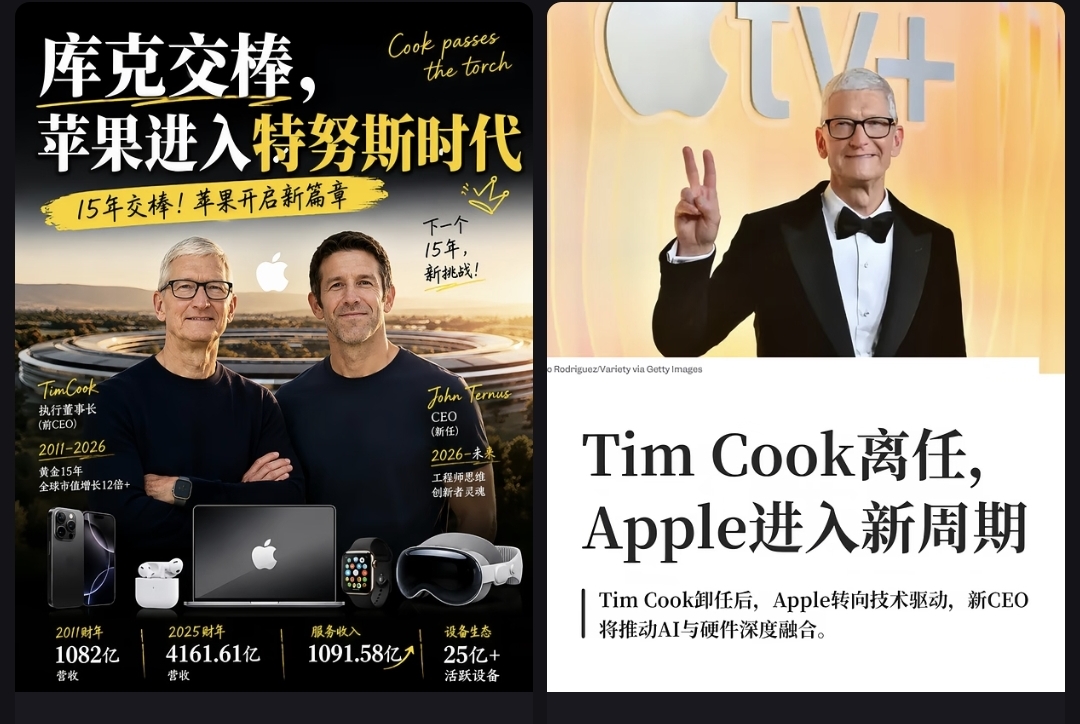 库克卸任苹果CEO后

9月1日，库克正式把CEO的位子交给了硬件工程出身的约翰·特努斯，自己转任董事会执行主席。

很多人以为库克是“退居二线享清福”，其实这更像一场精心设计的“双核分工”：特努斯管产品、管日常运营，库克继续负责全球政商关系、供应链和地缘政治沟通。

交接刚落地，特努斯就迎来大考。