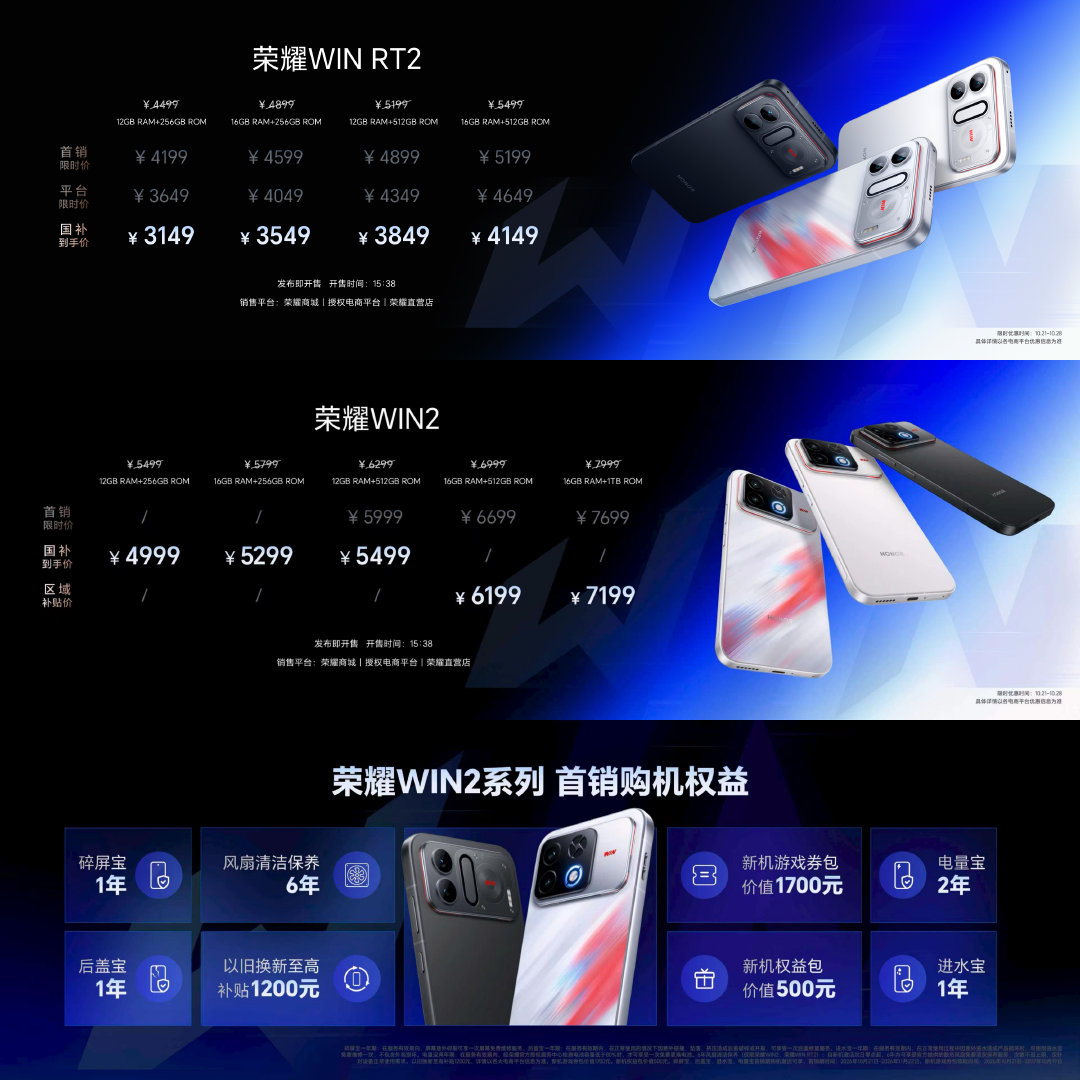 荣耀WIN2系列正式发布，其中荣耀WIN RT2首销价 4199 元起，荣耀WIN2售价 5499 元起。 ​