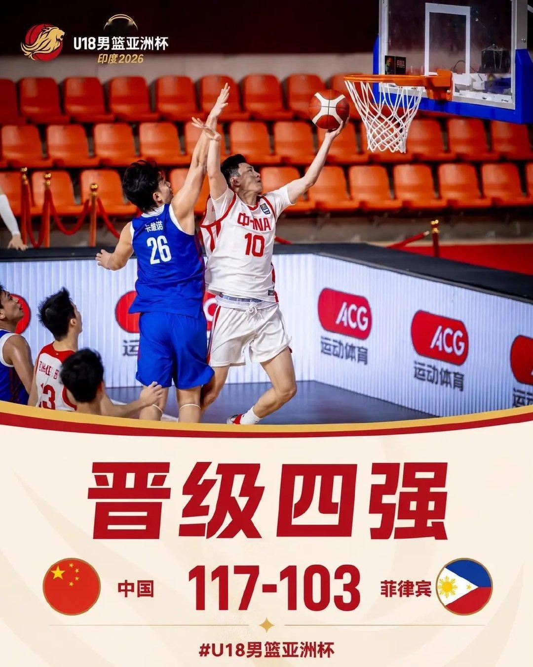#中国U18vs菲律宾U18# 117-103！中国U18男篮🇨🇳挺进四强，锁定U19世界杯门票！全队三分33中17，王子超25分，陈昱休23+6。终场前7秒，菲律宾在已放弃进攻时突然抢断上篮，引发冲突，主帅王建军怒喷吃T，随即叫停重新组织最后一攻，中国队员用“太小”手势回击对方挑衅。半决赛战新西兰🇳🇿，继 ​