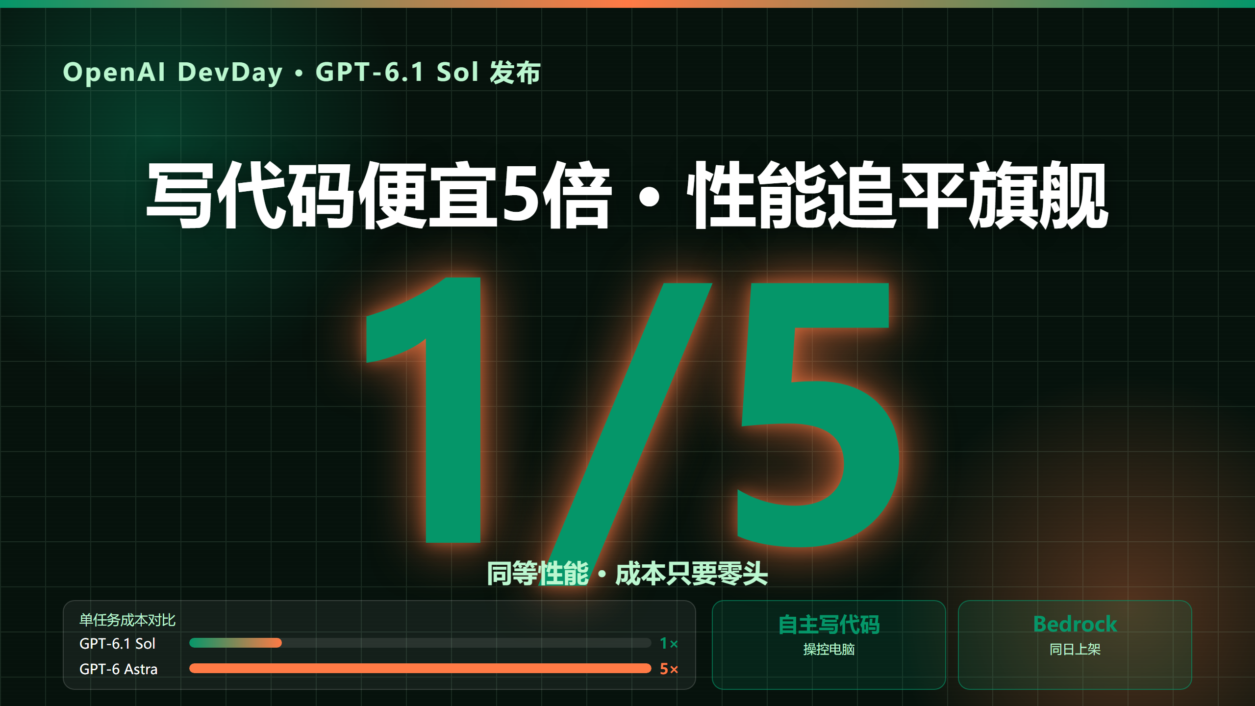 写代码便宜5倍，AI程序员来了？
OpenAI 在 DevDay 上把 GPT-6.1 Sol 推了出来，专攻自主写代码和操控电脑。最狠的是价格——它在软件工程测试里追平了自家旗舰 Astra，成本却只要 五分之一。同一天直接上架 AWS Bedrock 开卖，不用等。
这不是玩具。它能自己开仓库、