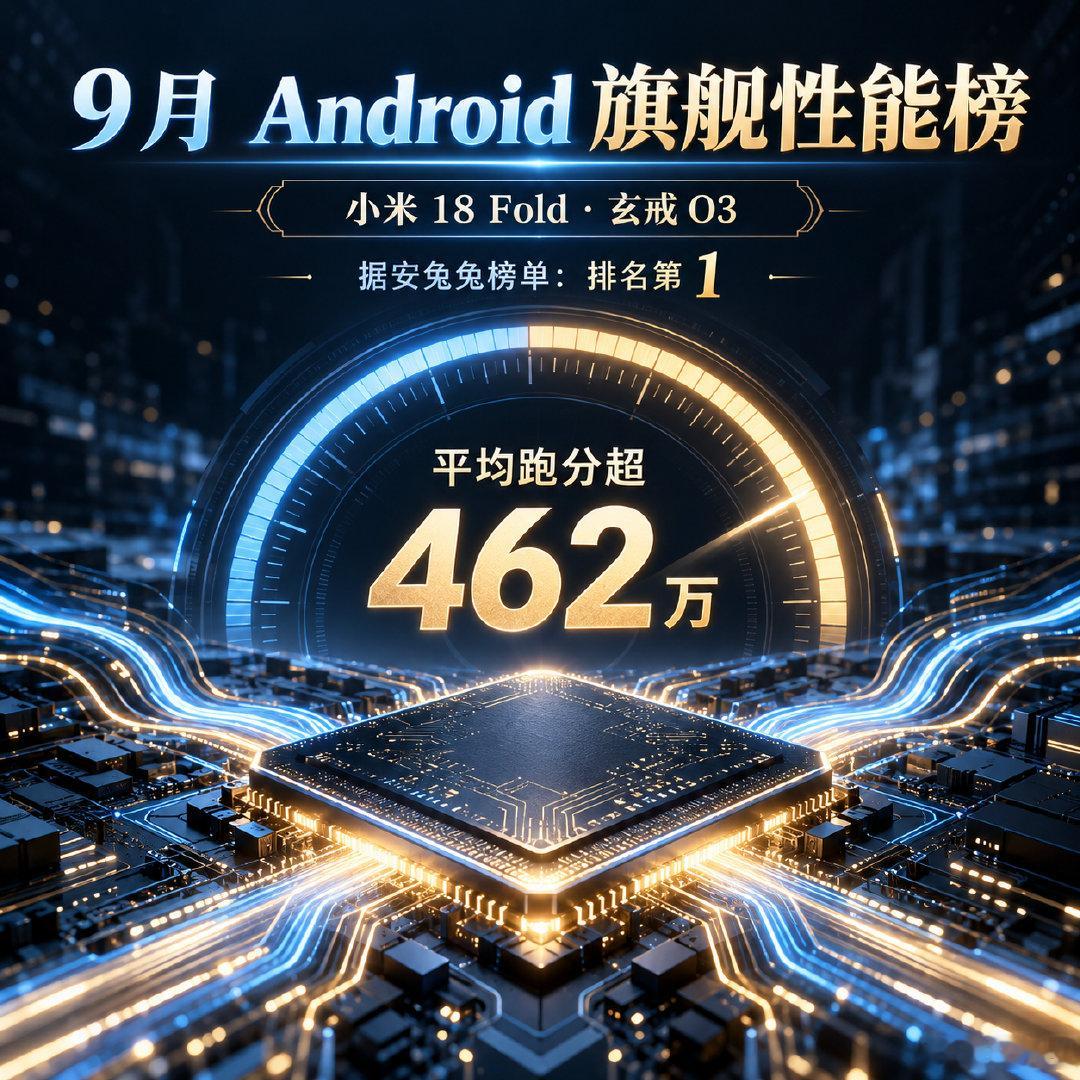 【数码快讯】据安兔兔发布的 9 月 Android 旗舰手机性能榜，搭载玄戒 O3 芯片的小米 18 Fold 平均跑分超过 462 万分，在该榜单中排名第一。#安卓旗舰性能榜##安兔兔9月榜单##小米18Fold##玄戒O3##手机性能数据# ​
