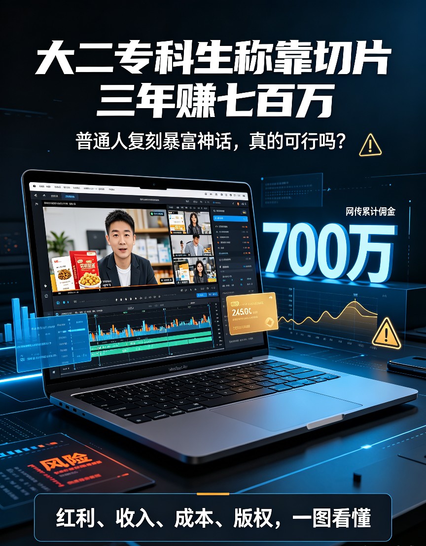 大二专科生靠切片三年狂赚700万！普通人复刻暴富神话，真的可行吗？
 
近期，一则“00后专科大二学生，靠直播切片三年赚700万”的话题刷屏全网，彻底颠覆了大众对普通大学生、专科生就业赚钱的固有认知。一名广东雷州03年在读专科生，从每月仅有1200元生活费的普通学生起步，零基础入局直播切片带货，短短