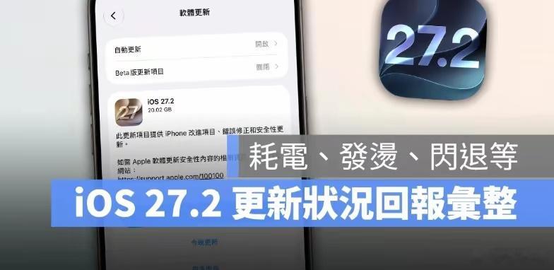 #苹果回应iOS27.2更新#苹果在今日（10/27）凌晨正式发布iOS 27.2更新；本次更新内容主要是扩充Siri AI 的支援语言（但还没有繁体中文），以及多款内建App 的功能与细节改进。
本篇文章整理iOS 27.2 更新重点，也照惯例搜集大家的iOS 27.2 更新状况回报；不论是耗电异常、App 闪退、卡顿、机身发热或其 ​