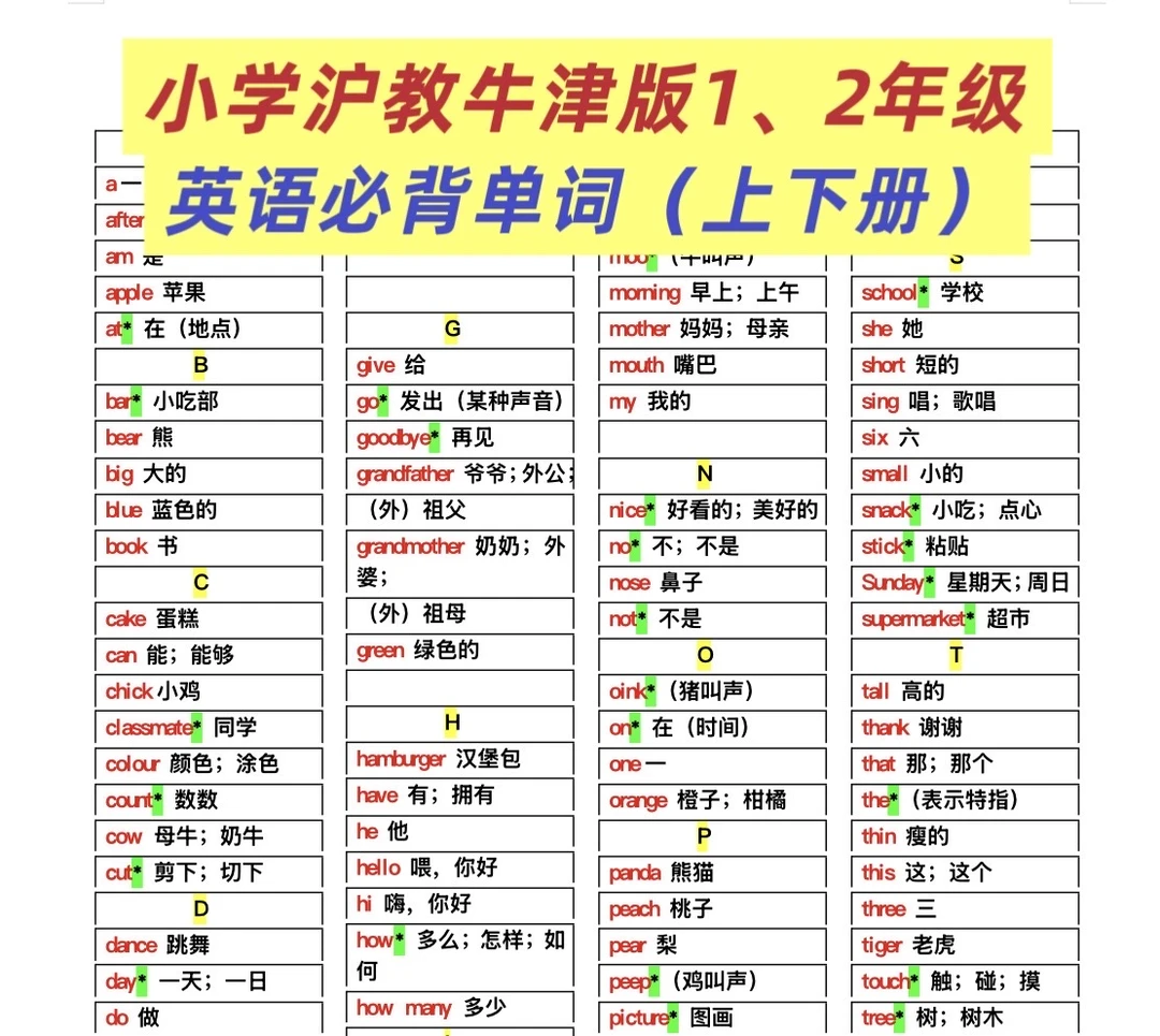 小学一二年级，沪教（牛津版）必背英语单词