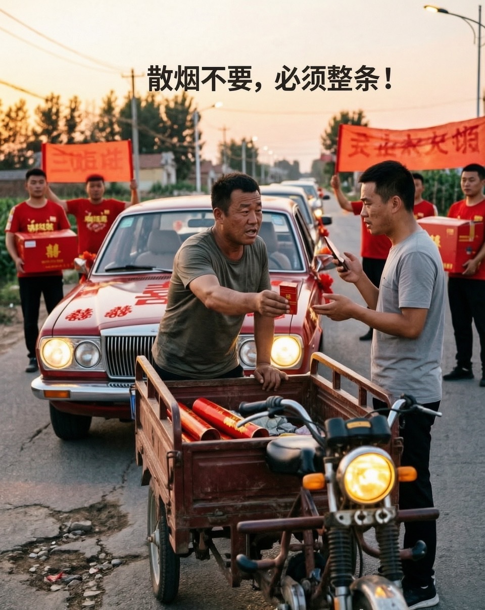 #沧州 拦婚车#

沧州这拦婚车的哥们儿，规矩是真讲究啊！
散烟不要，必须整条未拆封，这是把“喜烟不能拆”的规矩拿捏得死死的。
最后砍价砍到8盒才放行，这哪是讨喜，这是现场直播带货呢吧？
我就想问问，这到底算“沾喜气”还是“设卡收费”啊？说好的熟人闹喜，怎么还搞出个“最低消费”了？这要是 ​