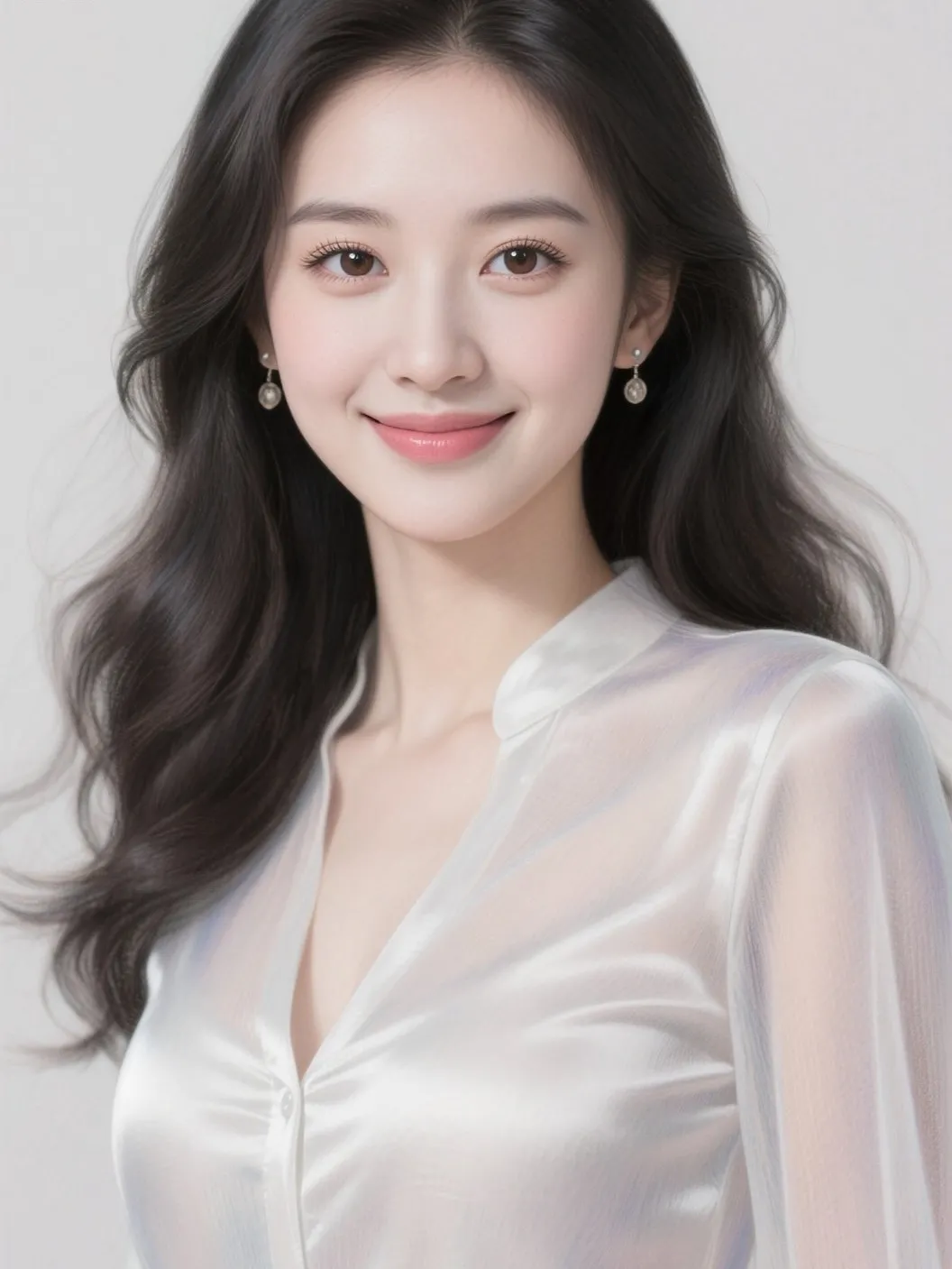 甜美可爱小姐姐也可以很性感的哇！女神范儿十足，笑容亲切，白色丝质衬衫更...