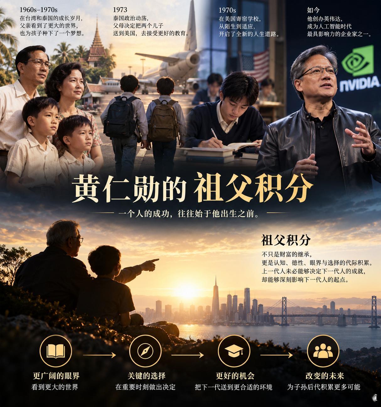 黄仁勋的祖父积分

1963年，黄仁勋出生于台湾，后来随父母移居泰国。父亲是一名化学工程师，曾经有机会到美国纽约接受培训。美国的繁荣与发展，给他留下了深刻印象，也让他萌生了一个念头：一定要让自己的孩子去美国接受教育。

1973年，泰国爆发政治动荡。黄仁勋的父母决定把两个儿子送到美国。当时黄 ​