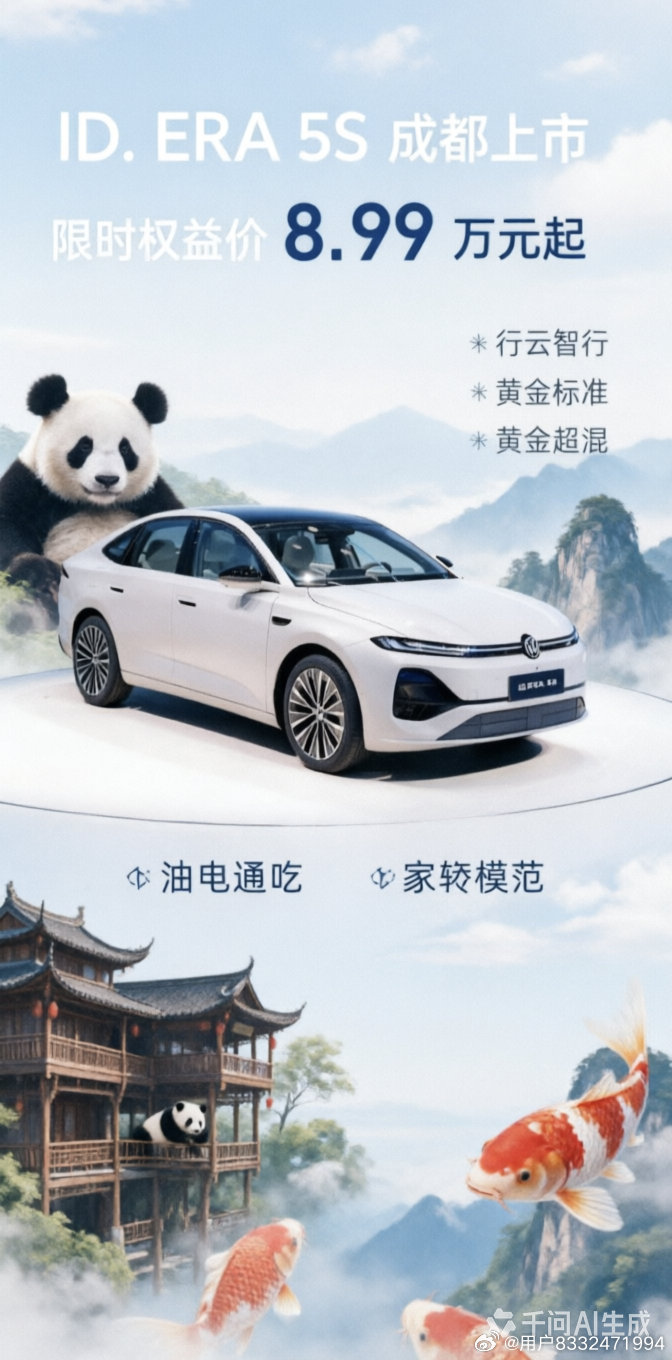 ID.ERA 5S成都上市，限时权益价8.99万起！行云智行、黄金标准、黄金超混，油电通吃家轿模范。不造速成车、不造卡线车、不造双标车，品质承诺看得见。

#2026成都车展 ##上汽大众 ##IDERA5S ##大众5S ##8.99万起大众5S夯爆了# ​