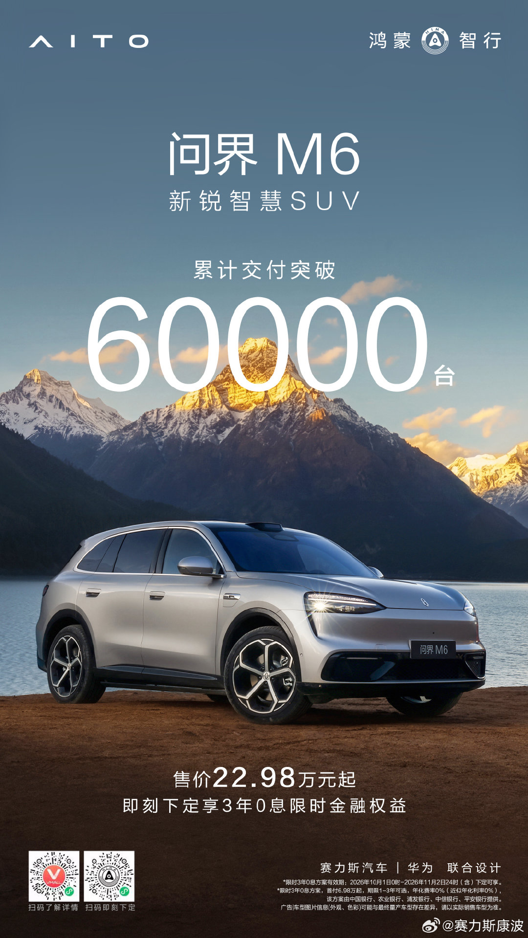 新锐智慧SUV#问界M6# 累计交付突破60000台，全系硬核产品实力，皆为信任抵达。售价22.98万元起，即刻下定享3年0息限时金融权益！ ​
