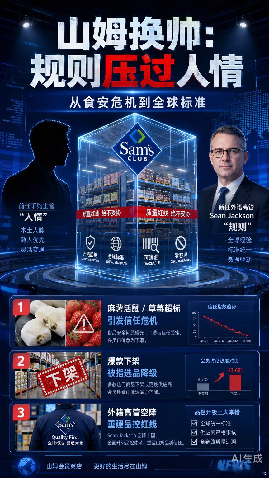 山姆这次换帅，把采购主管换成了外籍高管，很多人第一反应是“水土不服”，但我看到的却是另一种逻辑：当规则开始压过人情。

过去这一年，山姆的日子并不好过。从麻薯盒里发现活鼠，到冻干草莓重金属超标，再到被监管约谈，这些食安问题像一根根刺，扎在会员的信任点上。更让老会员难受的是选品的变化 ​