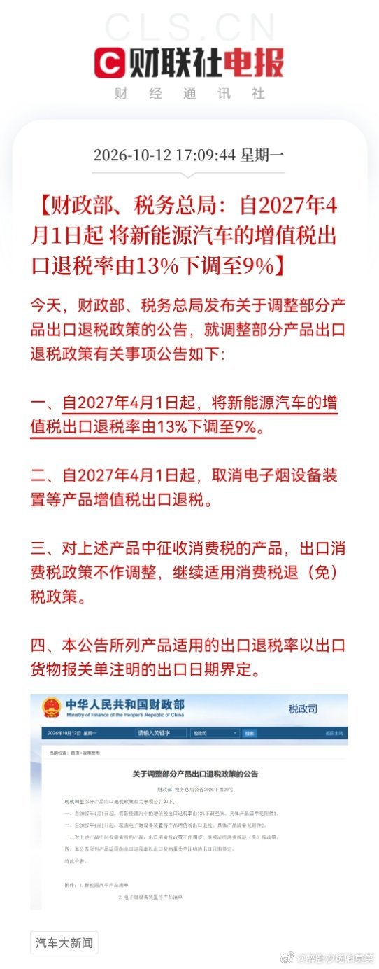 据悉自2027年4月1号起，新能源汽车的增值税出口退税率由13％下调至9％，新能源汽车“赶出口”在路上。今天下午尾盘#赛力斯涨停# ，原因是跟华为的继续合作（补涨），而跟宁王的合作则是进一步的“催化”。——醉卧说股道（评）注：以上及配图内容仅供参考，不构成投资买卖建议，市场有风险，参与须谨慎 ​