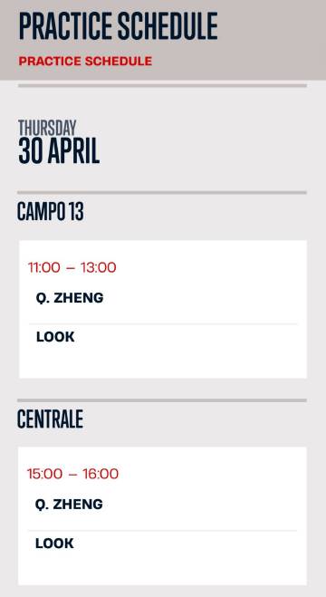 罗马当地30号的训练日程<br />11:00-13:00在13号球场...
