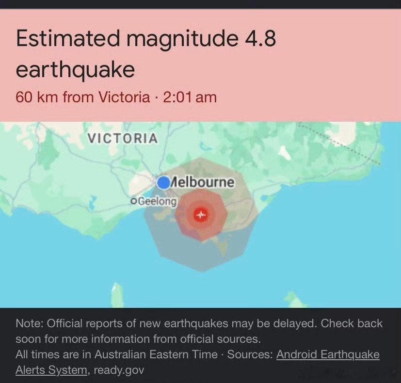 墨尔本地震
哇趣昨晚晃了一下我以为是我的错觉呢，原来真的地震啊[哆啦A梦害怕][哆啦A梦害怕][哆啦A梦害怕] ​