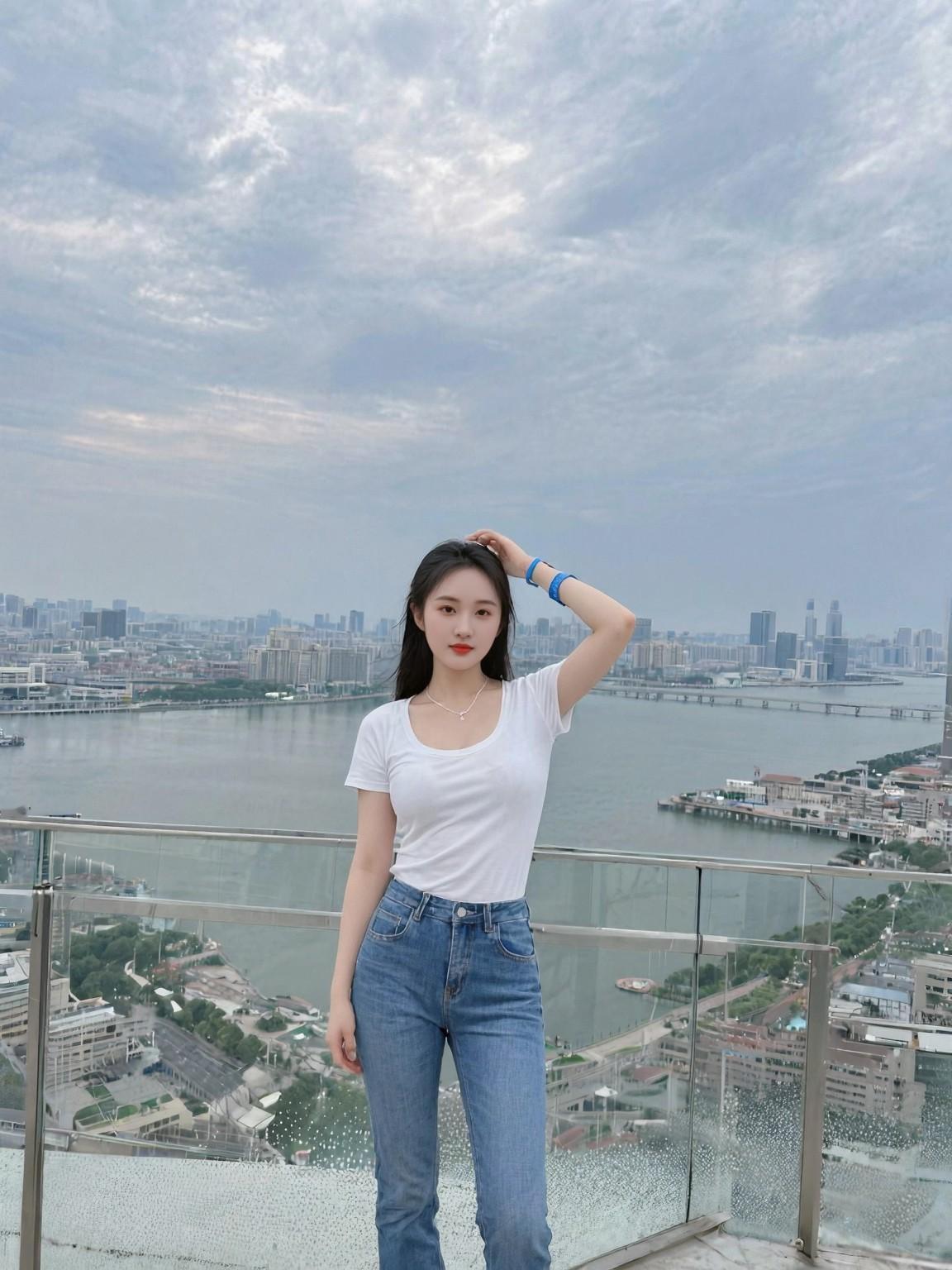 都市天际线下的时尚少女，城市与自然的完美融合。