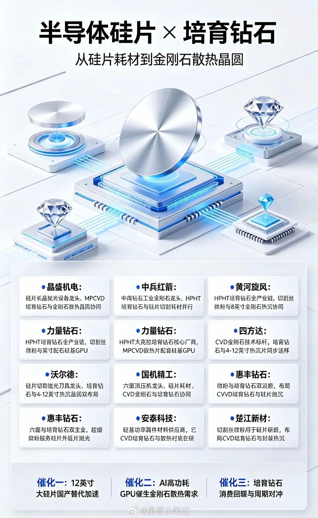 🔥双重风口爆发！半导体硅片+培育钻石 10家核心龙头！

兄弟们！现在这个赛道超级无敌稳！
一边是半导体硅片国产替代加速，一边是培育钻石消费回暖+AI芯片金刚石散热刚需爆发！
消费赚钱托底，科技增量爆发，双逻辑共振！
整理10家正宗双赛道布局、真产能、真落地的核心公司！

1、晶盛机电

双赛道 ​