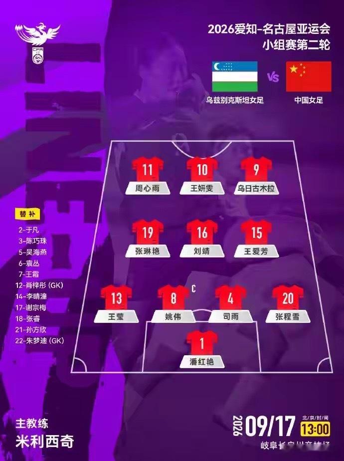 北京时间9月17日，亚运会女足小组赛第二轮，中国女足对阵乌兹别克斯坦女足。最终，中国队爆冷和对手1-1战平。
第9分钟张琳艳向右转移球，乌日古木拉反越位成功后左脚打门被门将得到。第16分钟，王爱芳远射偏出。第29分钟，乌日古木拉从右路突入禁区低平球传向门前，王妍雯抢点打偏。第31分钟，中国队开 ​