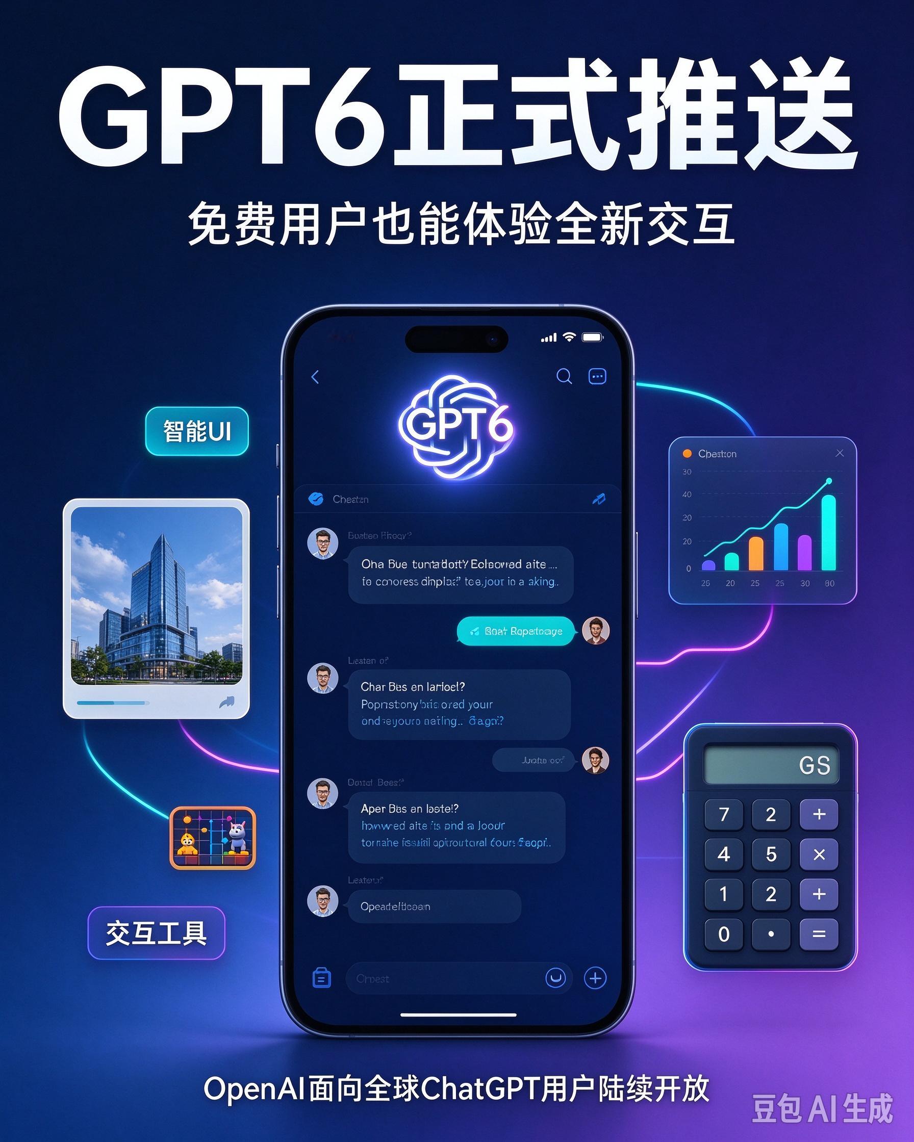 【#GPT6聊天模式有哪些惊喜#】#ChatGPT6全面上线#

OpenAI 已经面向全球 ChatGPT 用户推送 GPT6，免费用户会陆续开放使用。本次更新最大亮点是全新智能 UI，AI 输出不再只有纯文字，能够根据用户提问直接展示图片、图表、交互界面，甚至可以生成可直接操作的计算器、小游戏。

除可视化交互之外，GPT6  ​
