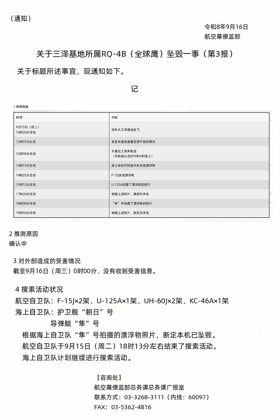 空自今天放出的通报：三泽基地所属的全球鹰确认坠毁。 ​
