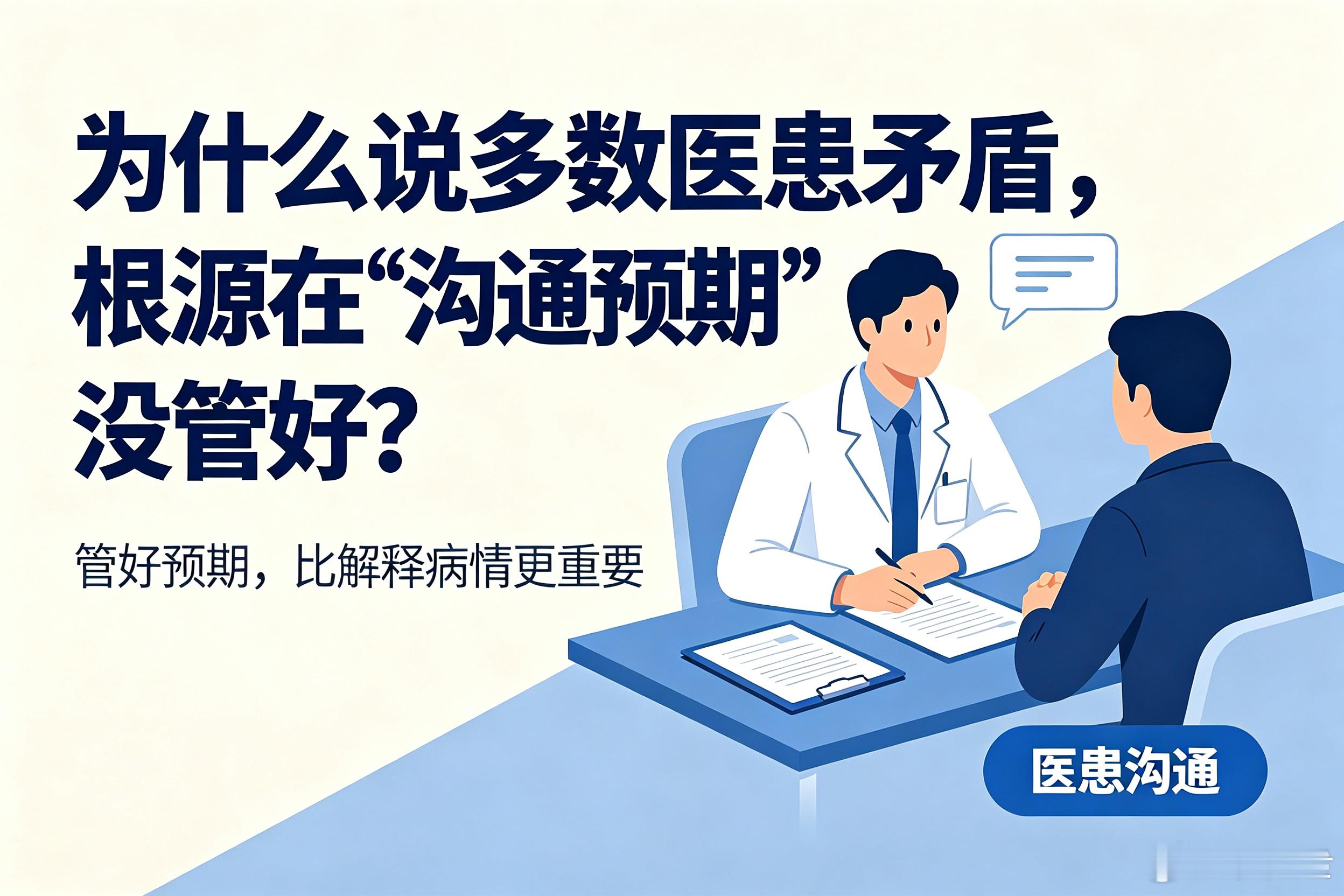 很多医患矛盾，不是医术问题，而是沟通预期没管好。患者听不懂、不清楚、心里没底，自然不信任、爱质疑、难复诊。
好沟通不需要多会说话，只需要四件事：接住情绪、讲清风险、管好预期、稳住态度。
靠谱的沟通，不是讨好，是减少误解。会沟通的医生，纠纷更少、患者更稳、口碑更好。行医，一半是技术， ​