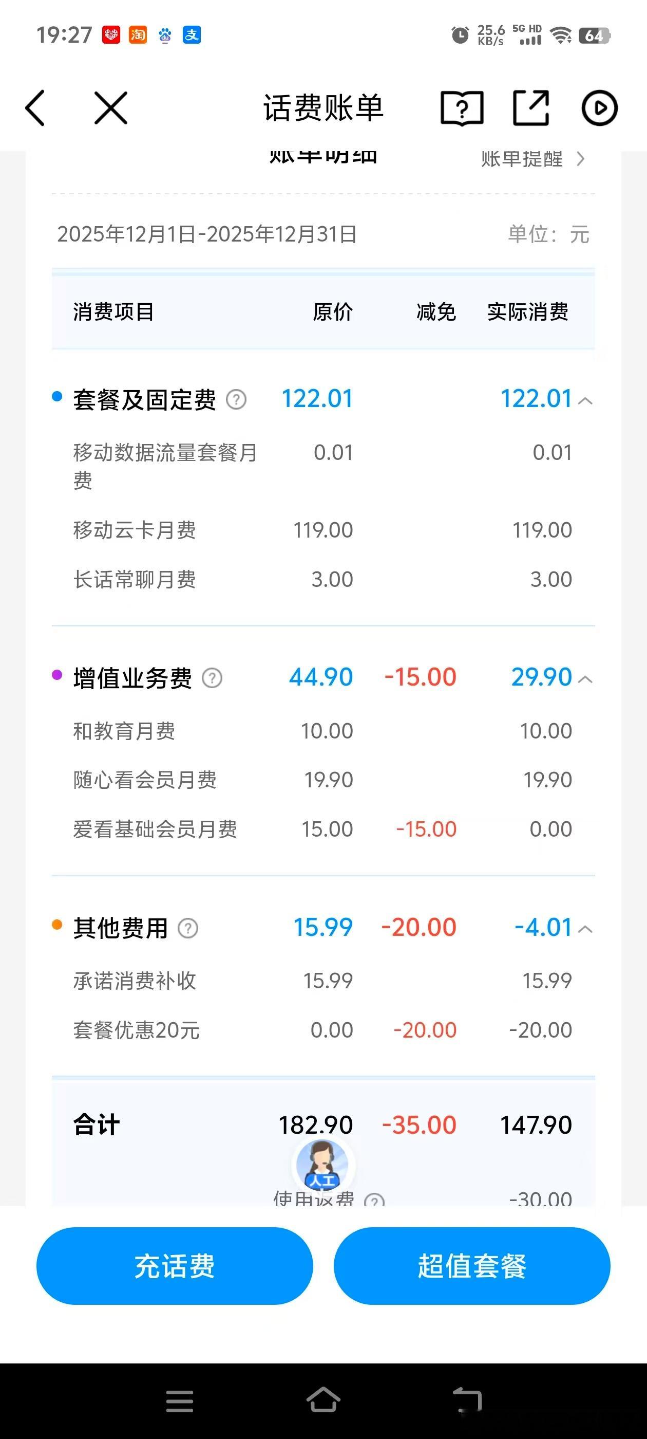 #中国移动# 本人移动号码，最近一个月扣200多元。感觉不对劲，下载移动APP查每月账单。自2025年9月除了基础套餐外，（随心看会员）和（承诺最低消费）额外扣费35元。
10月扣费31.4元，
11月又开始私自乱开通（和教育）（随心看会员）（爱看基础会员）扣费60.89元
12月额外扣费45.89元
2026年1月额外扣 ​