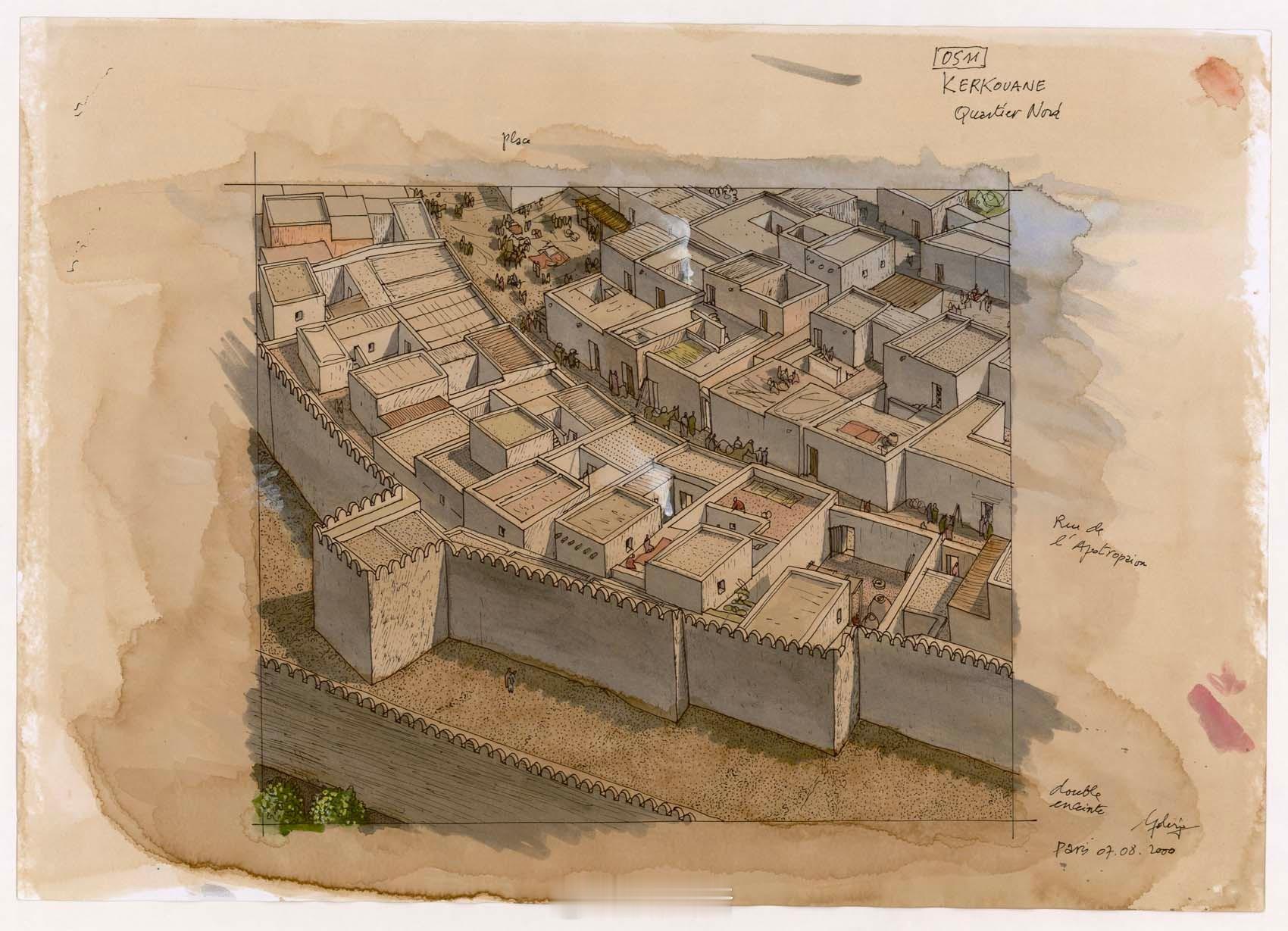 #插图# #古建筑# #历史知识# 
[星星]突尼斯 克尔库阿内古城（Kerkouane）北部区域鸟瞰图，绘制者为法国插画家Jean-claude Golvin，相应的时代为公元前3世纪前半。
[星星]该城市位于突尼斯纳贝乌省（Nabeul Governorate）的邦角半岛（Cap Bon），是一座腓尼基城市，于第一次布匿战争中被毁，及至该地被 ​