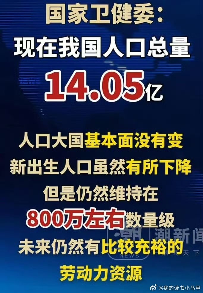#我国人口总量14.05亿# 国家卫健委：人口大国基本面没有变，未来仍然有比较充裕的劳动力资源。#卫健委新出生人口800万左右# ​