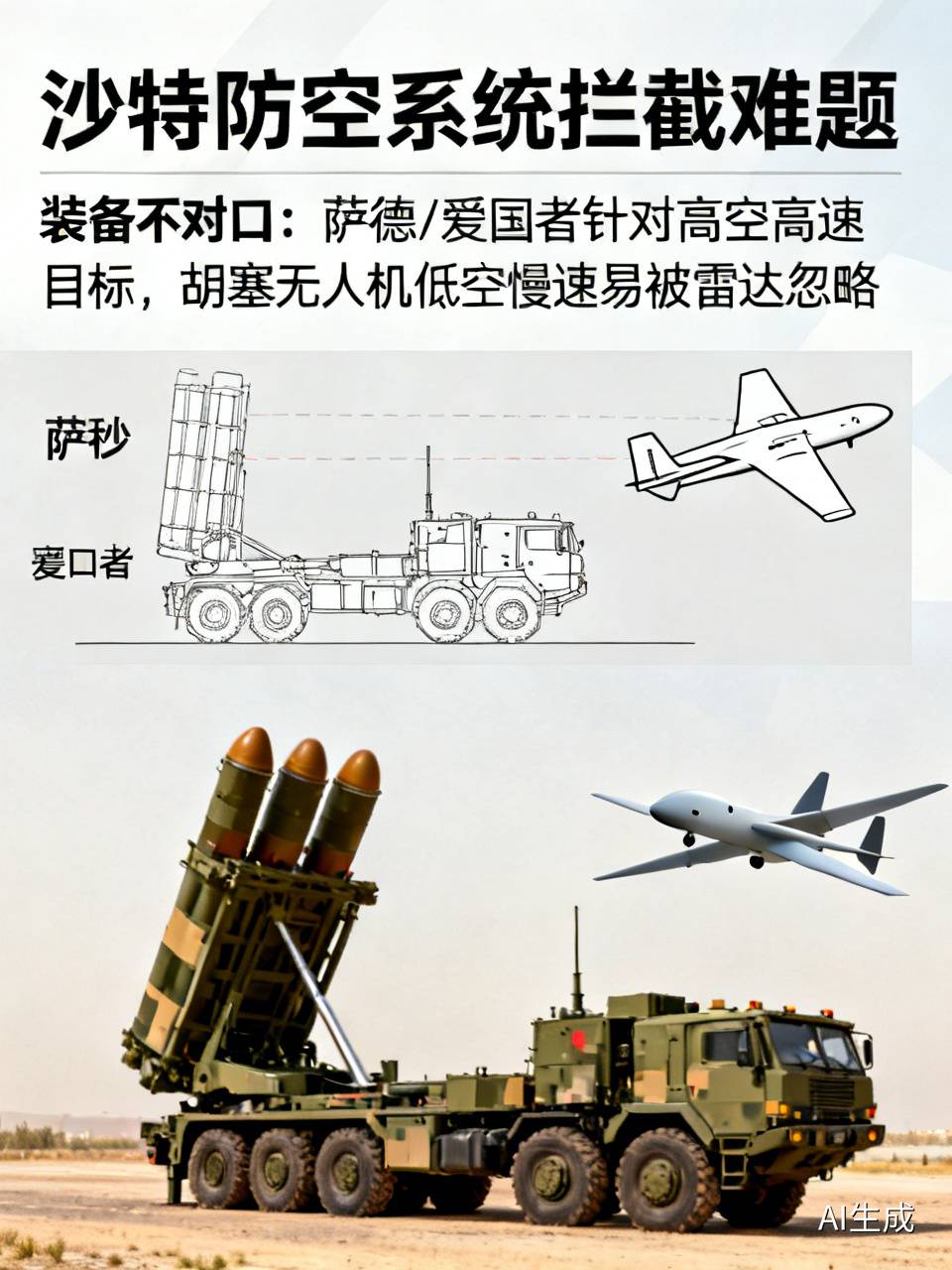 沙特手握萨德、爱国者这些顶级防空装备，为什么总拦不住胡塞的袭击？核心有三个关键原因。
 
第一，装备天生不对口。爱国者、萨德原本用来打高空高速导弹和战机。胡塞的小型无人机飞得低、速度慢，雷达容易当成飞鸟忽略；贴地飞行的弹药，还会被山地遮挡，预警时间很短。