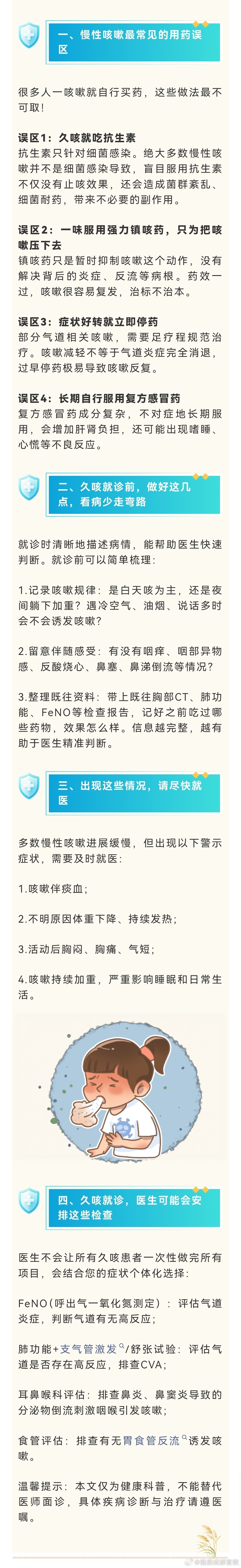 #听医者说#【久咳不止别乱吃药[围观]】#你的健康我守护# 生活中很多朋友都有这种情况：感冒好了，咳嗽却持续超过两个月，一查又发现胸部CT未见明显异常。不少人觉得“肺没问题就不用管”，自服止咳药、抗生素等，结果咳嗽反反复复好不了。其实，咳嗽是身体的防御反射，偶尔咳嗽无需紧张。但如果咳嗽持 ​