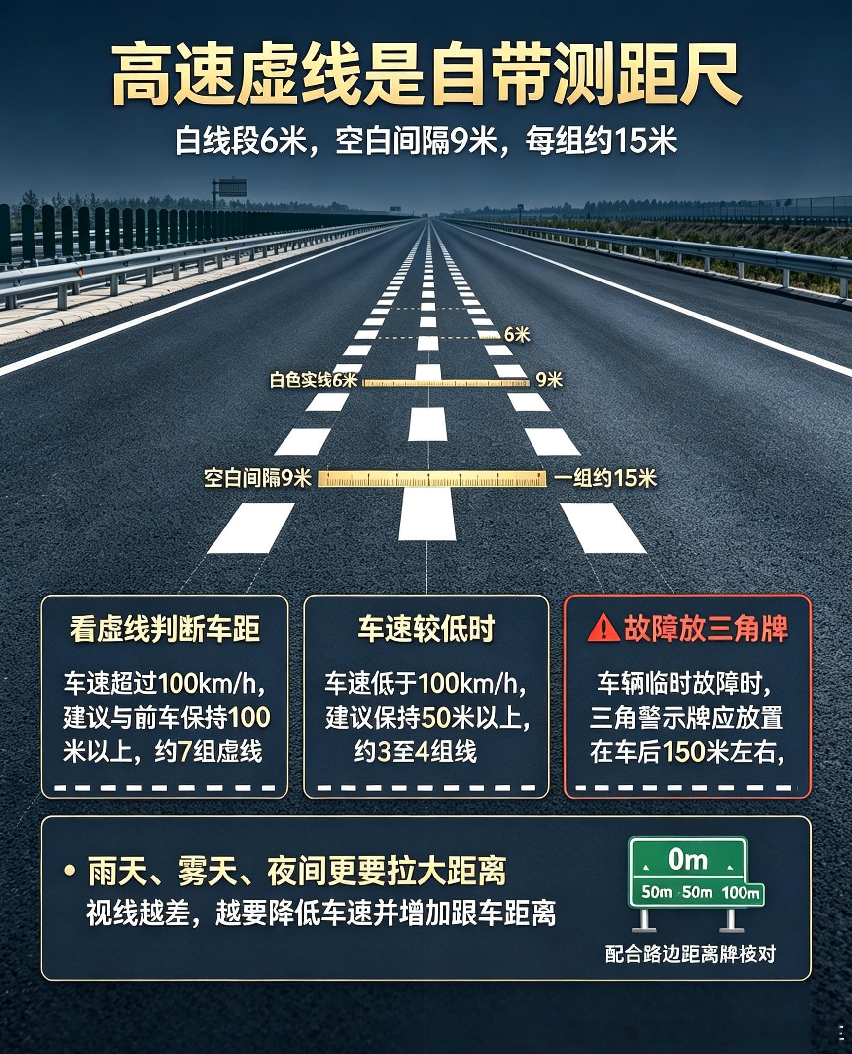 经常跑高速的宝子们！
今天分享一个超实用、保命级的高速隐藏技能✨
高速路面上天天见的白色虚线，根本不是随便画的！
它是国家统一标准的高速专用测距标尺！

很多人开车只会凭感觉估车距，
雨天、夜间、疲劳开车特别容易追尾！
学会这个标线规律，不用测距仪、不用猜，一眼精准判断安全车距！

✅高 ​