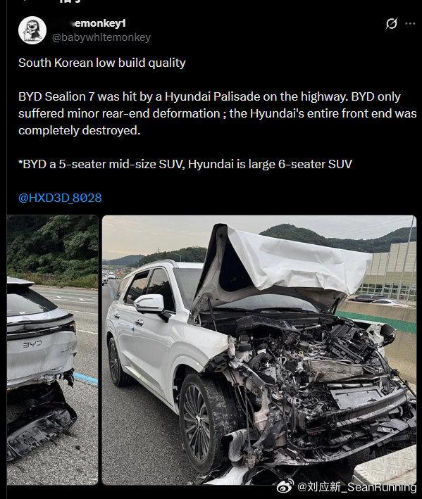 比亚迪海狮07在韩国又火了一把！车长仅4.83米的中型SUV，海外定名Sealion 7，事故后仅车尾后保险杠护板脱落、尾门轻微变形，车身主体结构完好，乘员舱未受挤压，电池包也未出现起火等异常情况，车况近乎无伤。海狮07：我就轻轻晃了晃，你怎么就先“破相”了#海狮07EV# ​