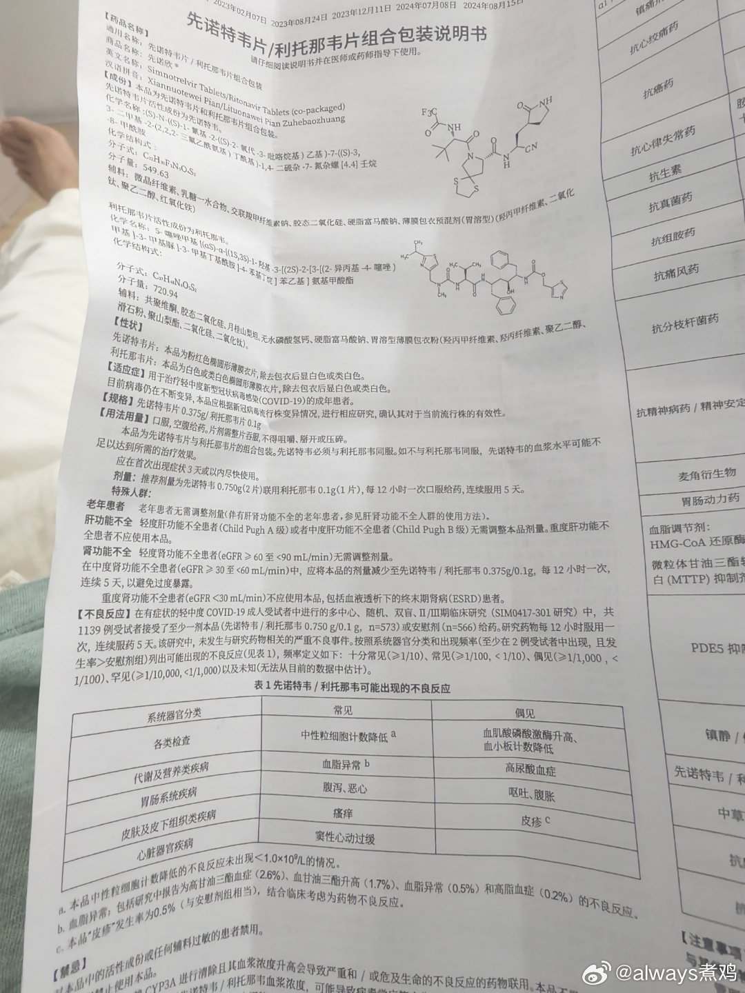 本次新冠记录:发现弱阳就开始吃先诺欣，第一天晚上和上次阳了一样半梦半醒，各种幻觉，第二天才开始吃对乙，估计迟了点。第四天晚上忘吃药了，开始浑身瘙痒，补吃药一段时间后好了，五天药吃完又开始浑身痒，持续一天多，查看药品说明书有瘙痒副作用，不过我都是停药后再痒，吃完没啥事。目前第八天， ​
