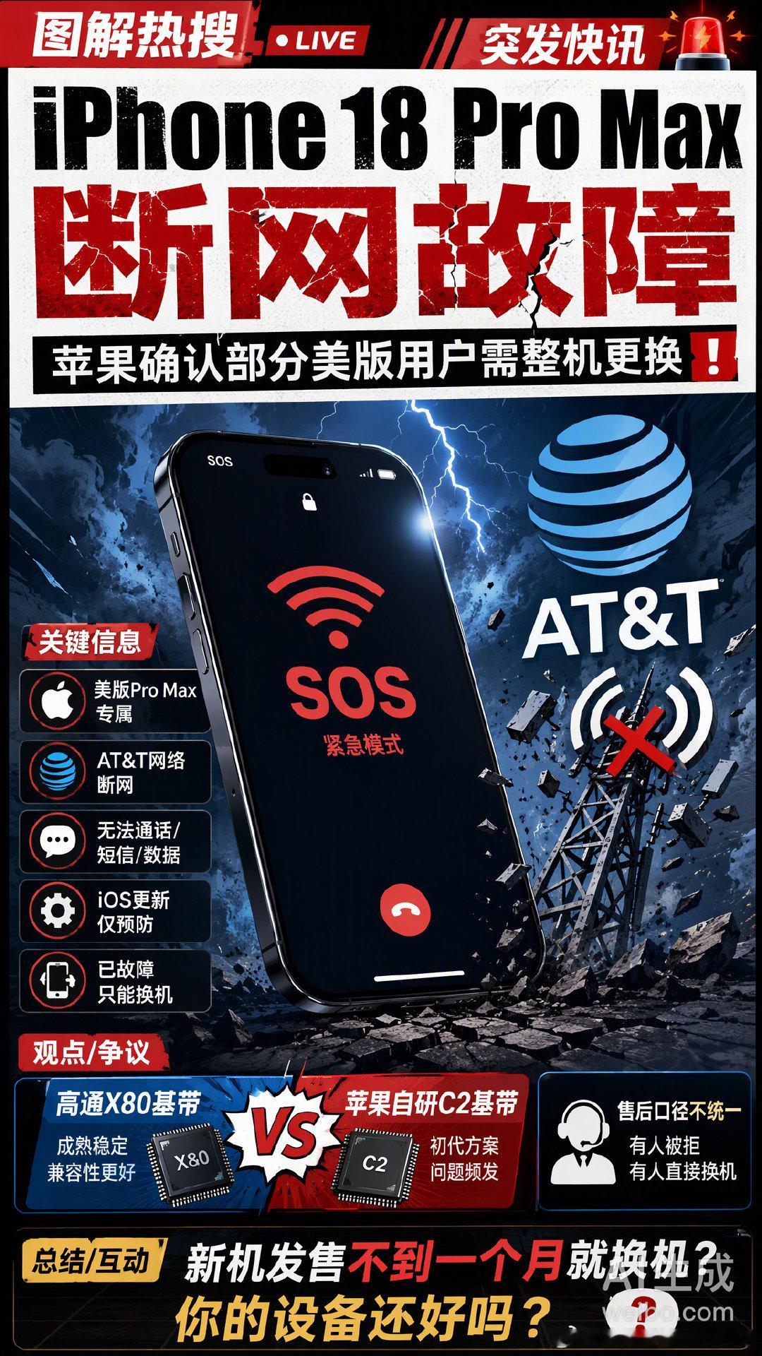 #iPhone18ProMax网络#近期部分mei版机型出现断网故障，苹果官方确认该硬件级缺陷无法通过系统更新修复，受影响用户只能免费更换整机。这是什么情况? ​