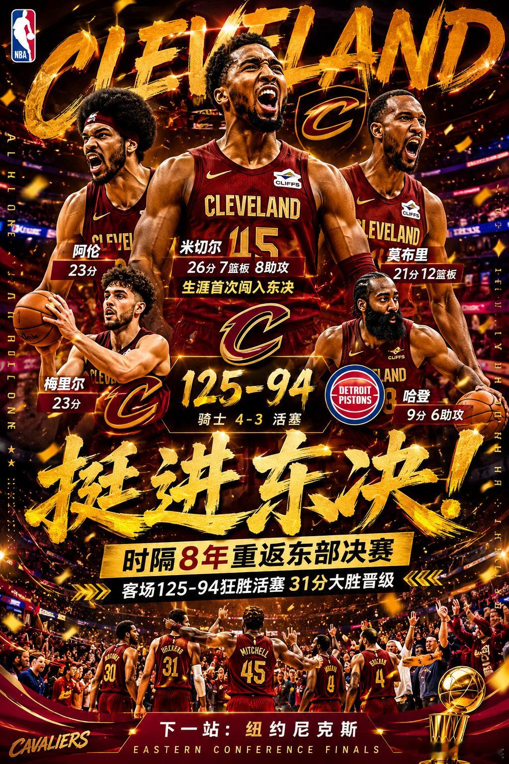 东部抢七彻底打疯了！克利夫兰骑士客场125比94狂胜底特律活塞，最终4...