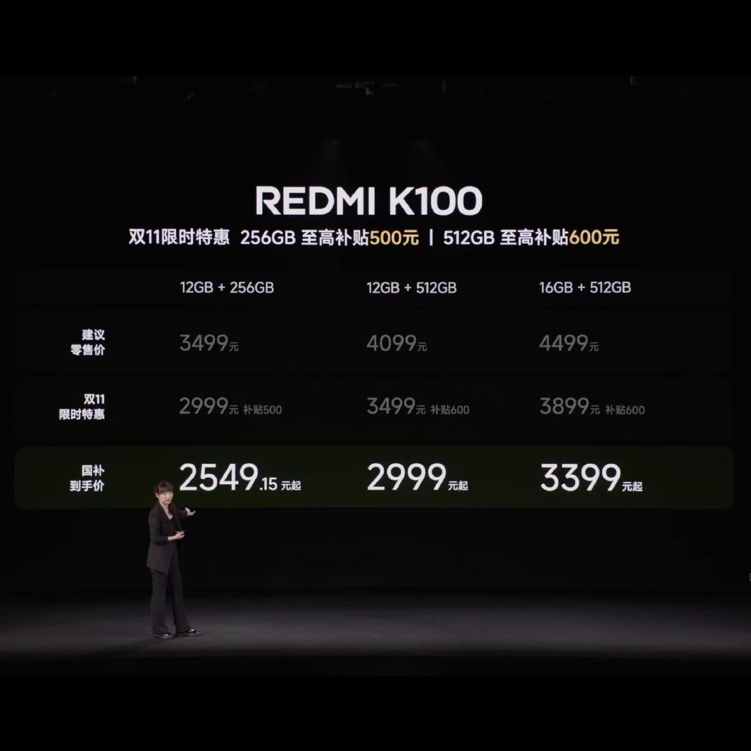 REDMI K100标准版3499起
叠加国补后只要2549起 ​