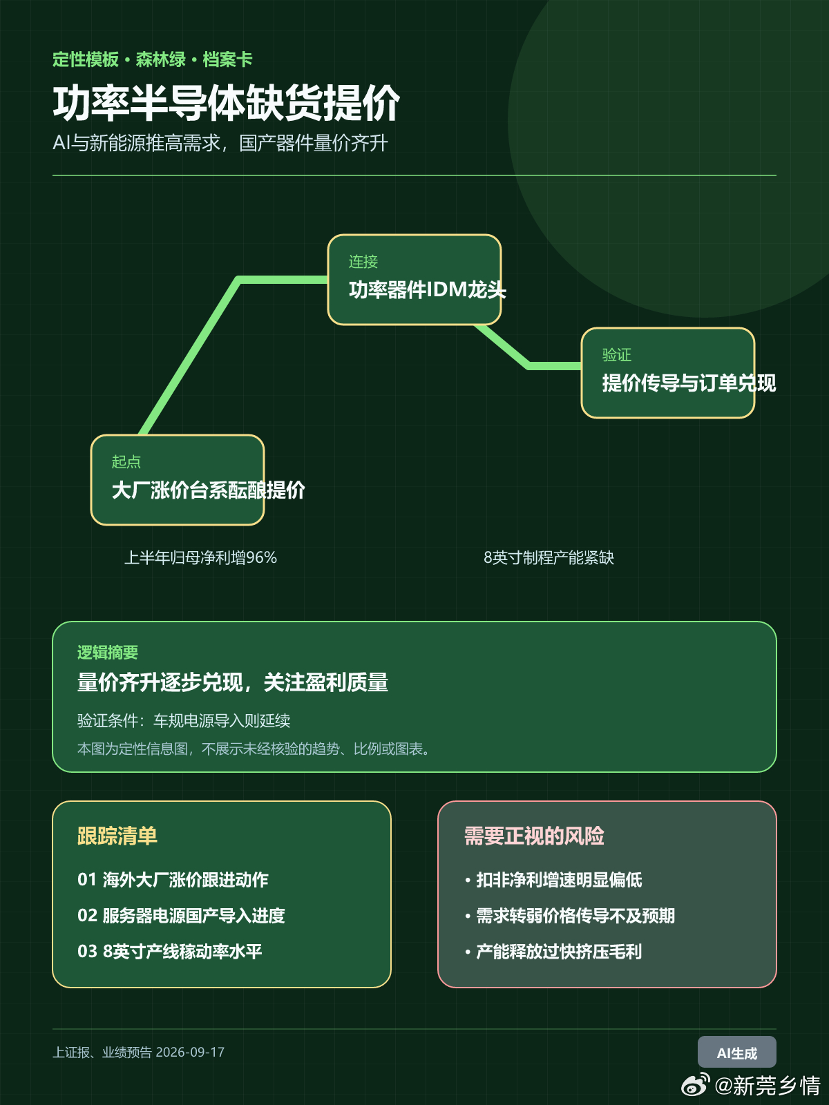 功率半导体正上演久违的缺货行情：英飞凌调价之后，台系厂商酝酿10月起对非合约产品再提价，AI与新能源把电力器件推上风口。

士兰微是国内功率半导体IDM龙头，覆盖IGBT、MOSFET、碳化硅等功率器件并延伸至系统方案，上半年归母净利润预计同比增长约96%。
AI算力基建对供电效率提出更高要求，8英寸成熟 ​