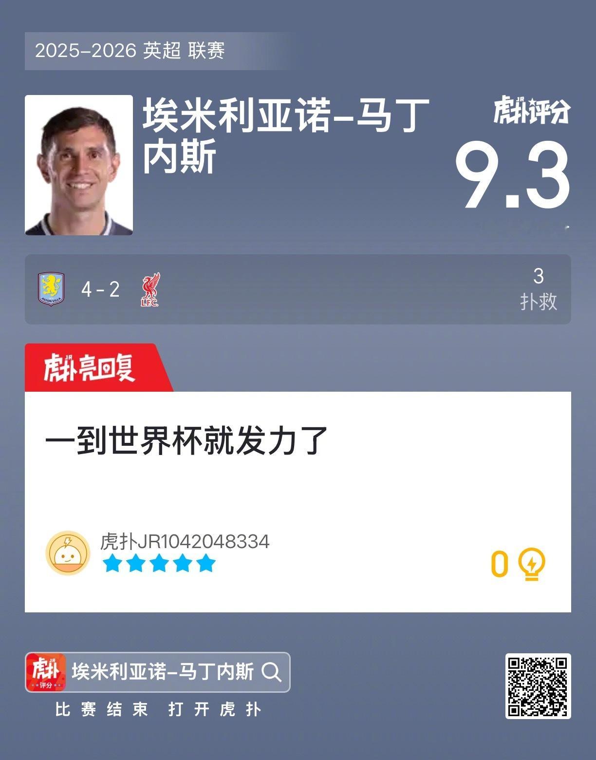 大马丁贡献三次扑救，赛后收获9.3的虎扑评分！ ​​​