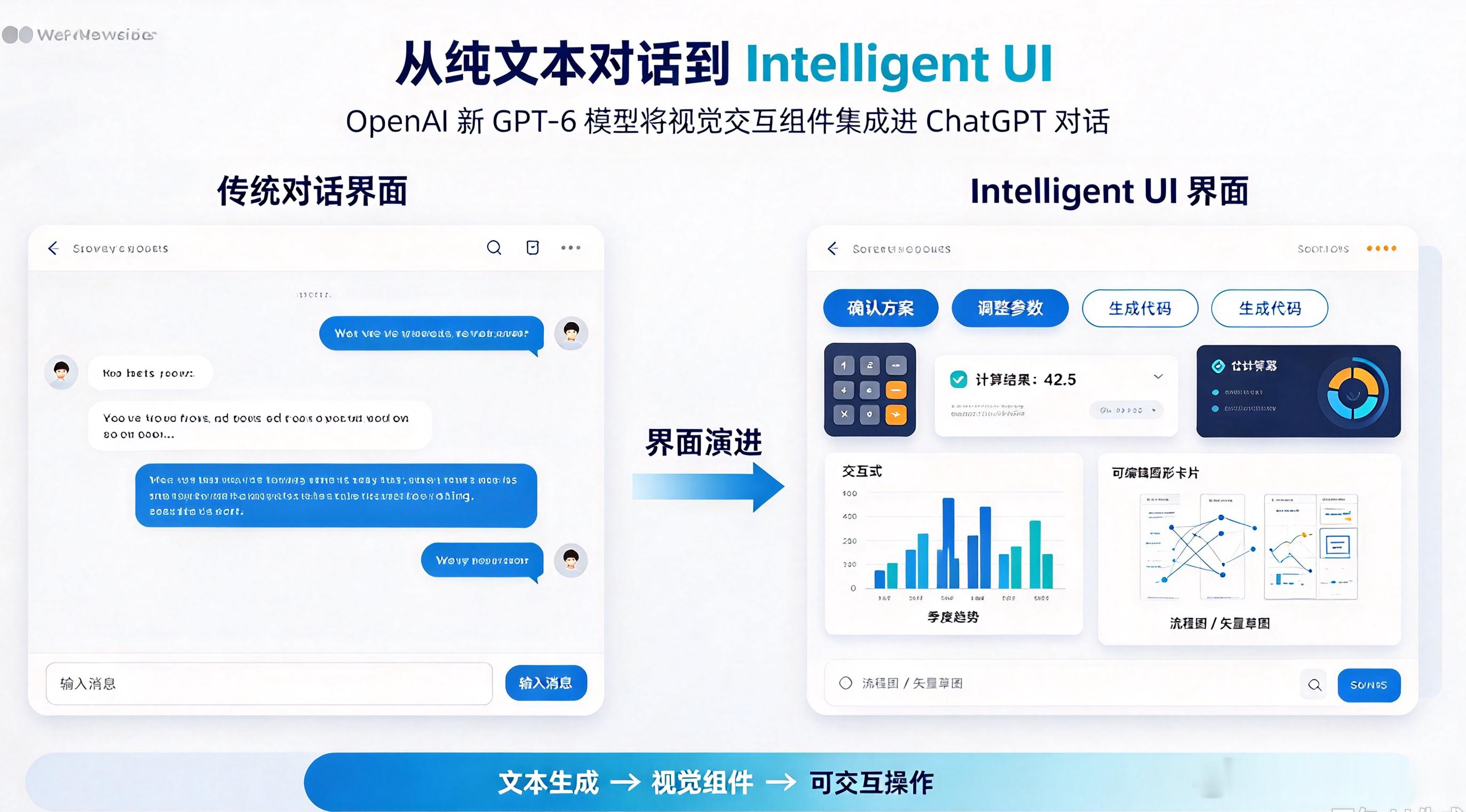 ChatGPT 的输出不再只是一段文字：它开始把答案做成可以点的界面——按钮、计算器、可编辑图表都出现在对话里。
       OpenAI 随新 GPT-6 模型推出名为 Intelligent UI 的新界面，该界面向 ChatGPT 对话中集成大量视觉元素，并于周三开始推送。
       Wired 报道称 OpenAI 周三发布 ChatGPT 的 Intel ​